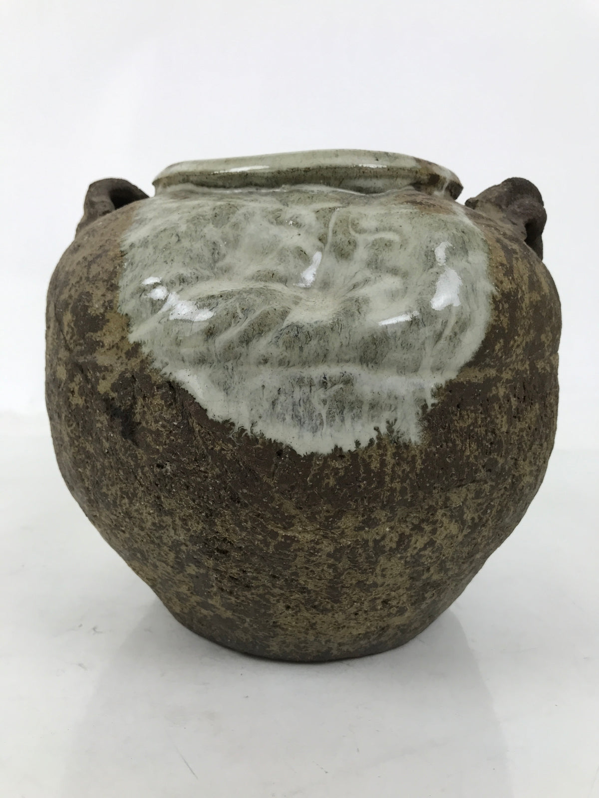 Japanese Ceramic Flower Vase Vtg Ikebana Kabin Tsubo Round Brown White FK191