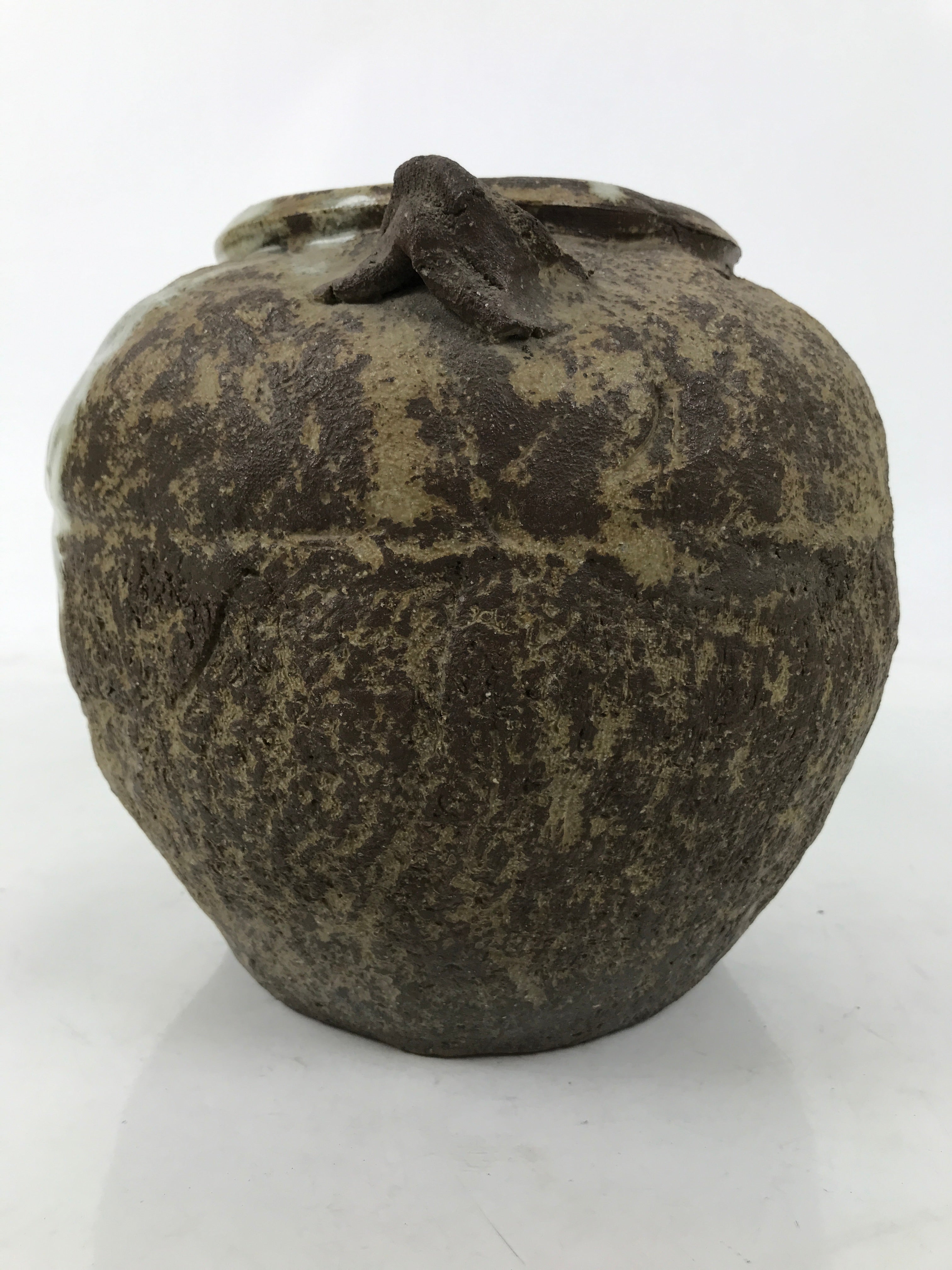 Japanese Ceramic Flower Vase Vtg Ikebana Kabin Tsubo Round Brown White FK191