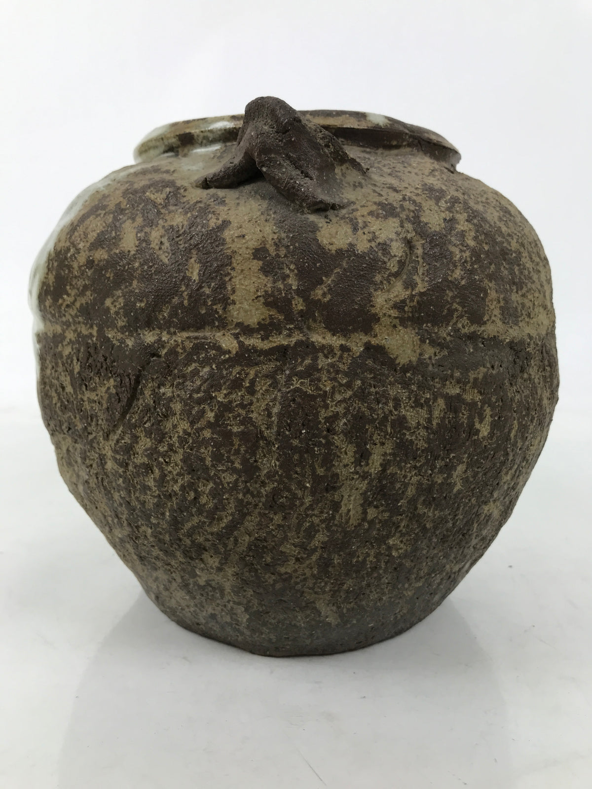 Japanese Ceramic Flower Vase Vtg Ikebana Kabin Tsubo Round Brown White FK191