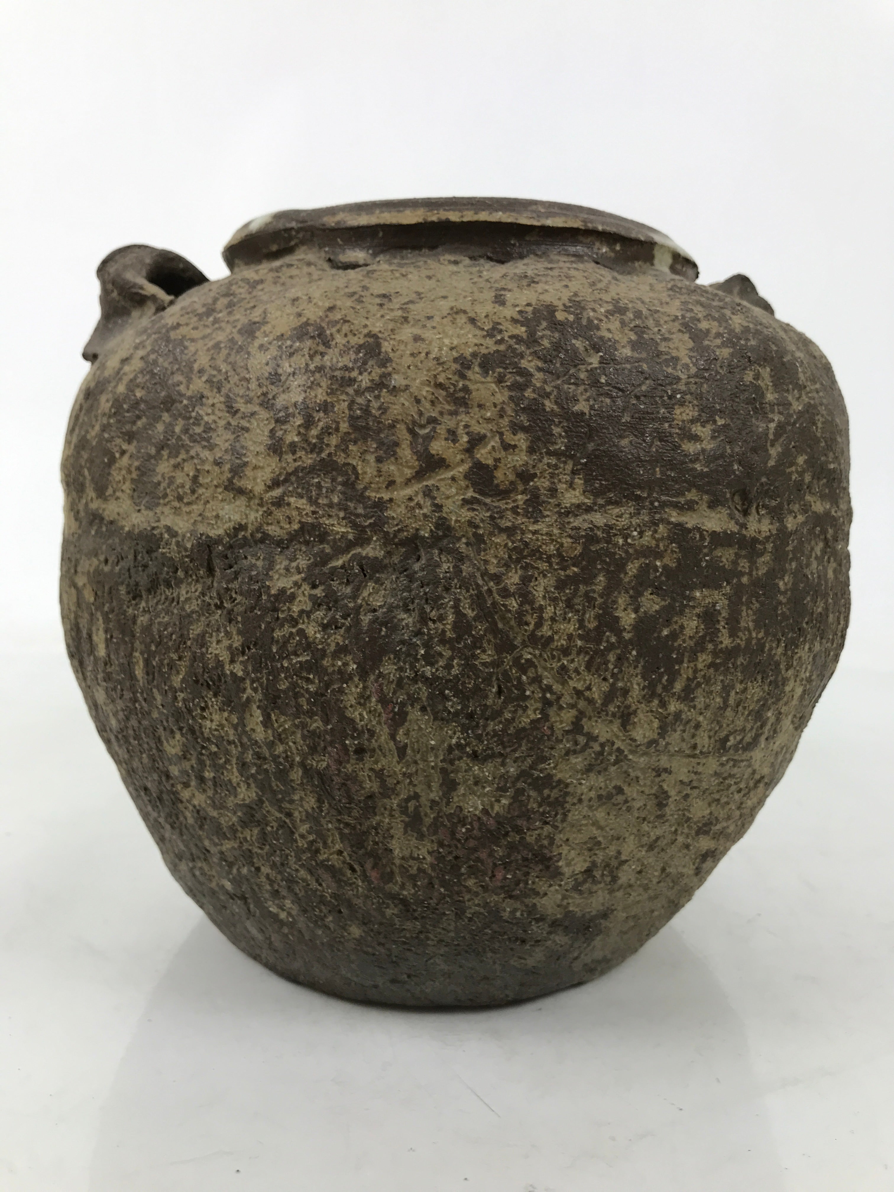 Japanese Ceramic Flower Vase Vtg Ikebana Kabin Tsubo Round Brown White FK191