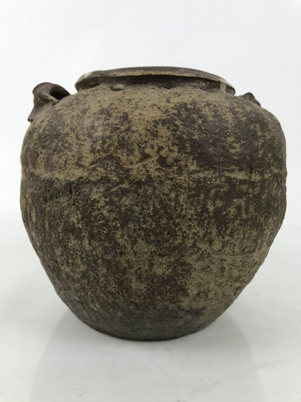 Japanese Ceramic Flower Vase Vtg Ikebana Kabin Tsubo Round Brown White FK191
