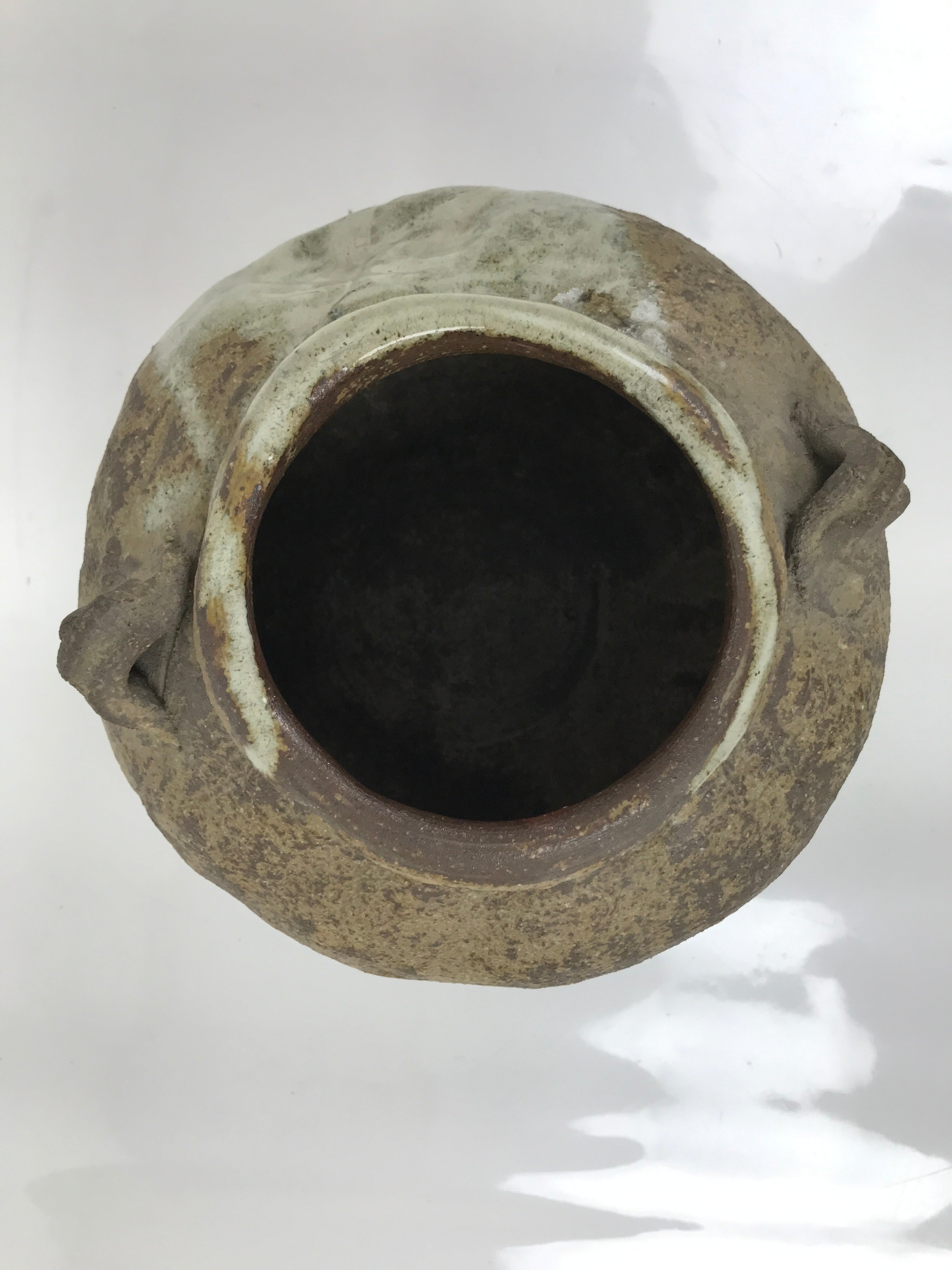 Japanese Ceramic Flower Vase Vtg Ikebana Kabin Tsubo Round Brown White FK191