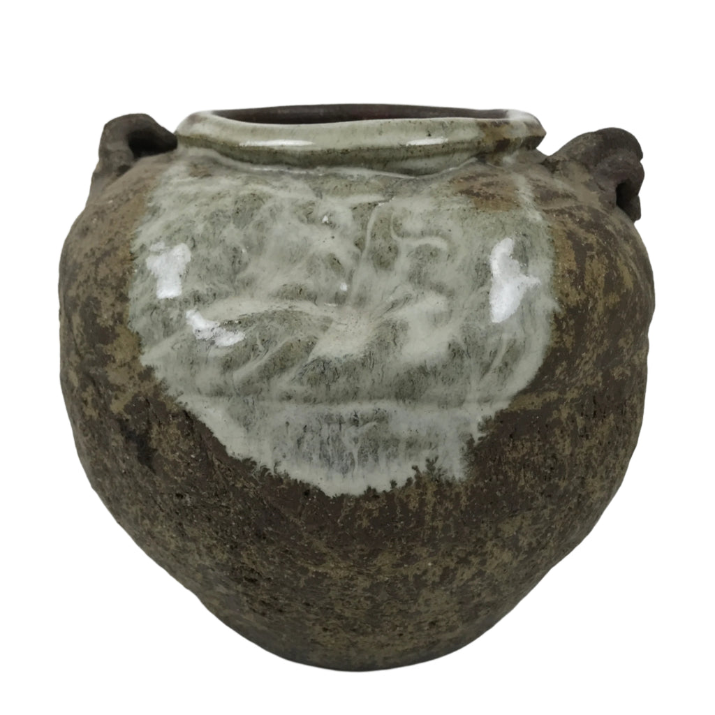 Japanese Ceramic Flower Vase Vtg Ikebana Kabin Tsubo Round Brown White FK191