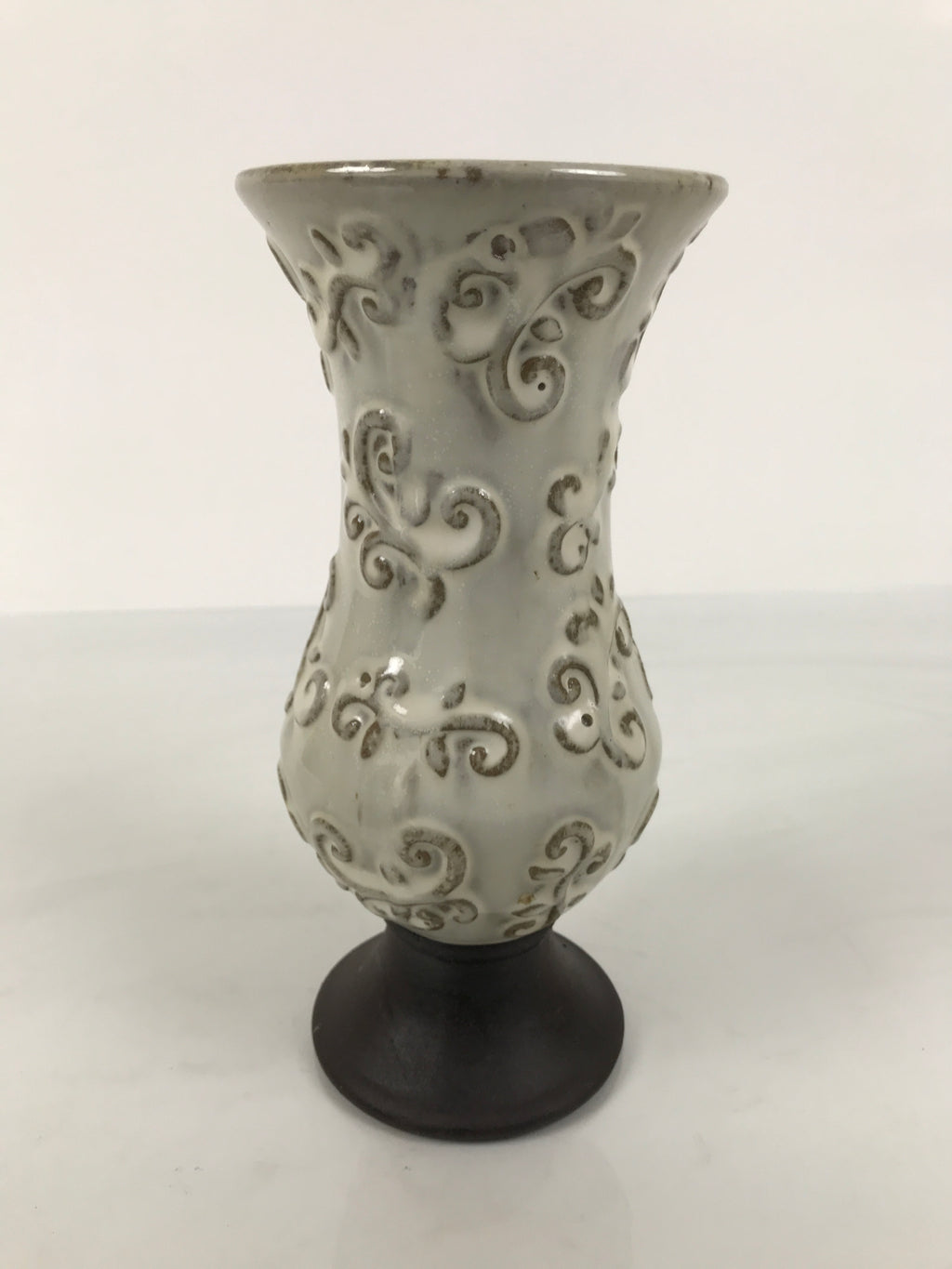 Japanese Ceramic Flower Vase Vtg Ikebana Kabin White Brown Arabesque FK236