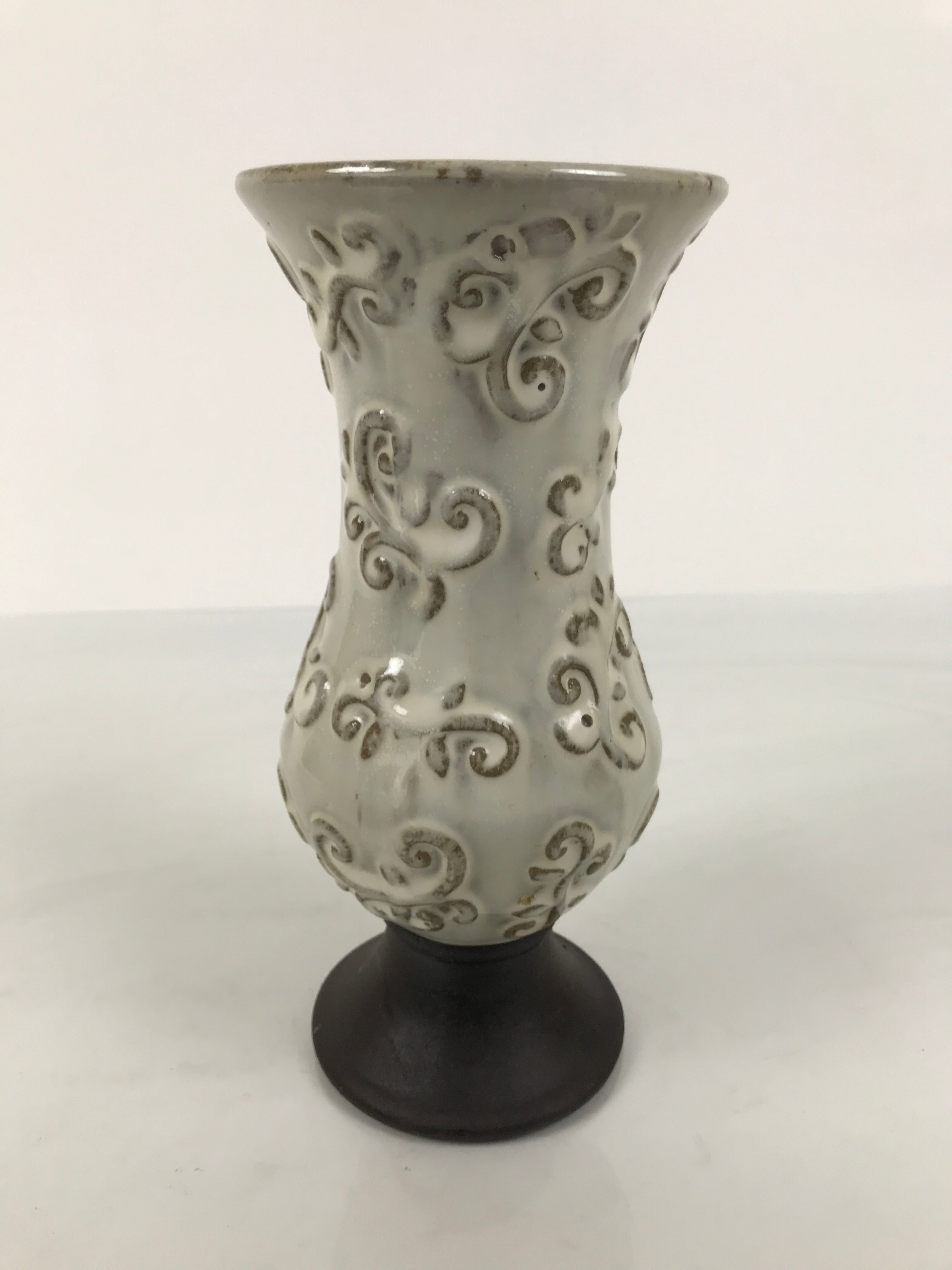Japanese Ceramic Flower Vase Vtg Ikebana Kabin White Brown Arabesque FK236