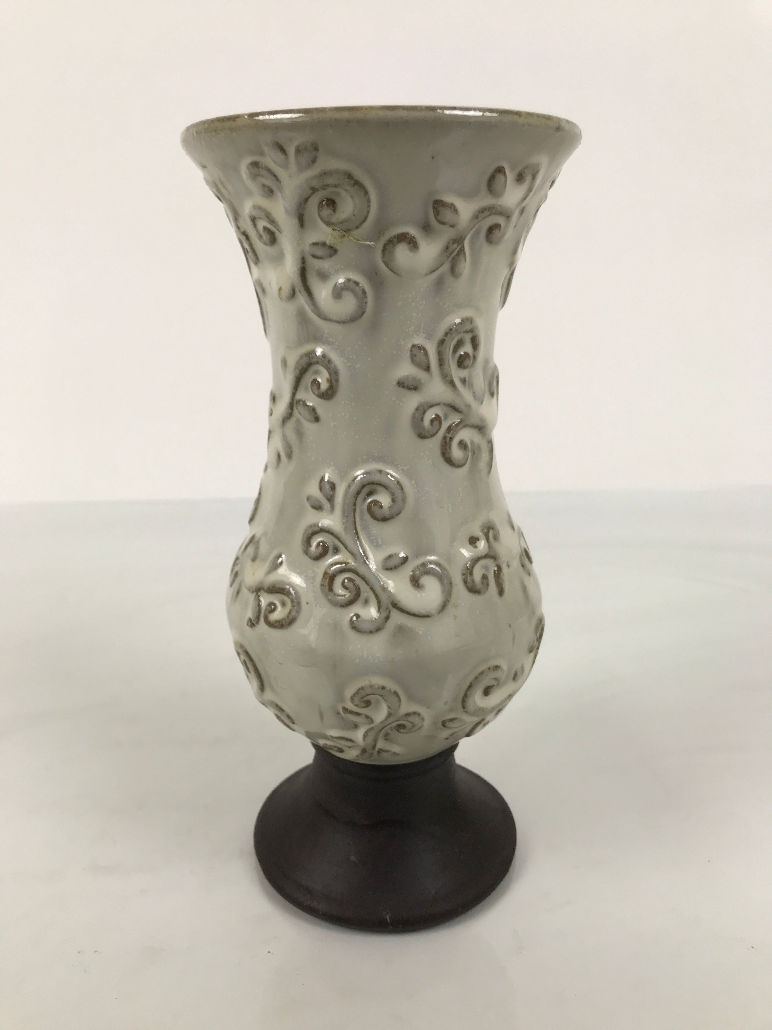 Japanese Ceramic Flower Vase Vtg Ikebana Kabin White Brown Arabesque FK236