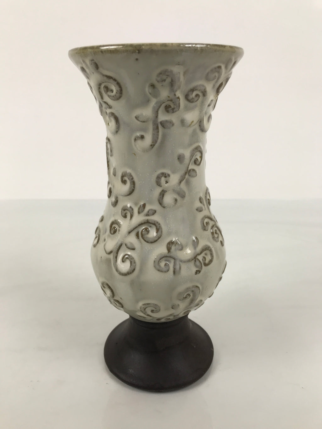 Japanese Ceramic Flower Vase Vtg Ikebana Kabin White Brown Arabesque FK236