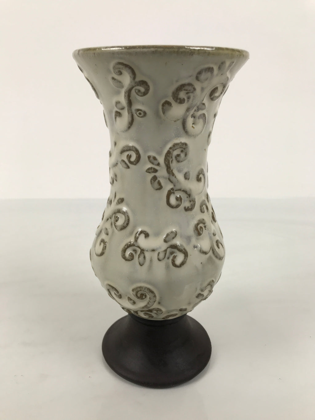 Japanese Ceramic Flower Vase Vtg Ikebana Kabin White Brown Arabesque FK236
