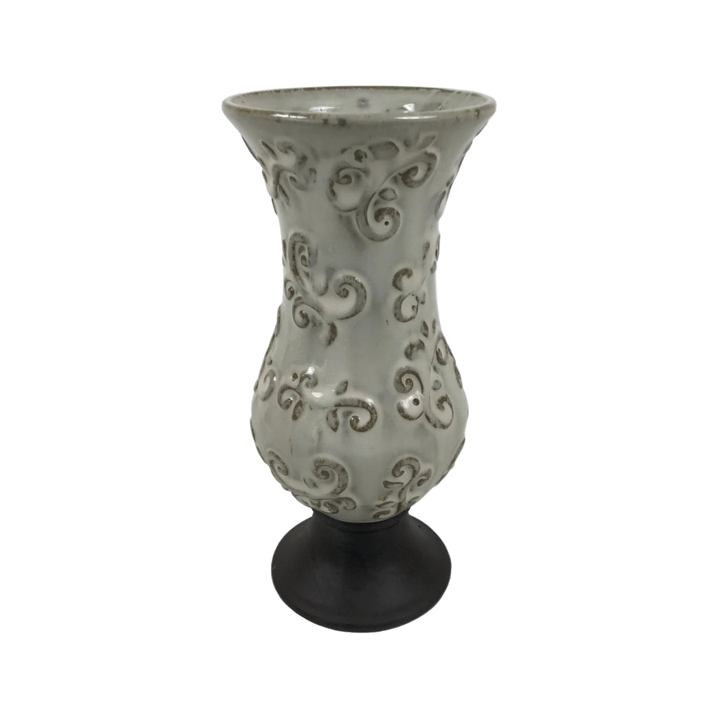 Japanese Ceramic Flower Vase Vtg Ikebana Kabin White Brown Arabesque FK236