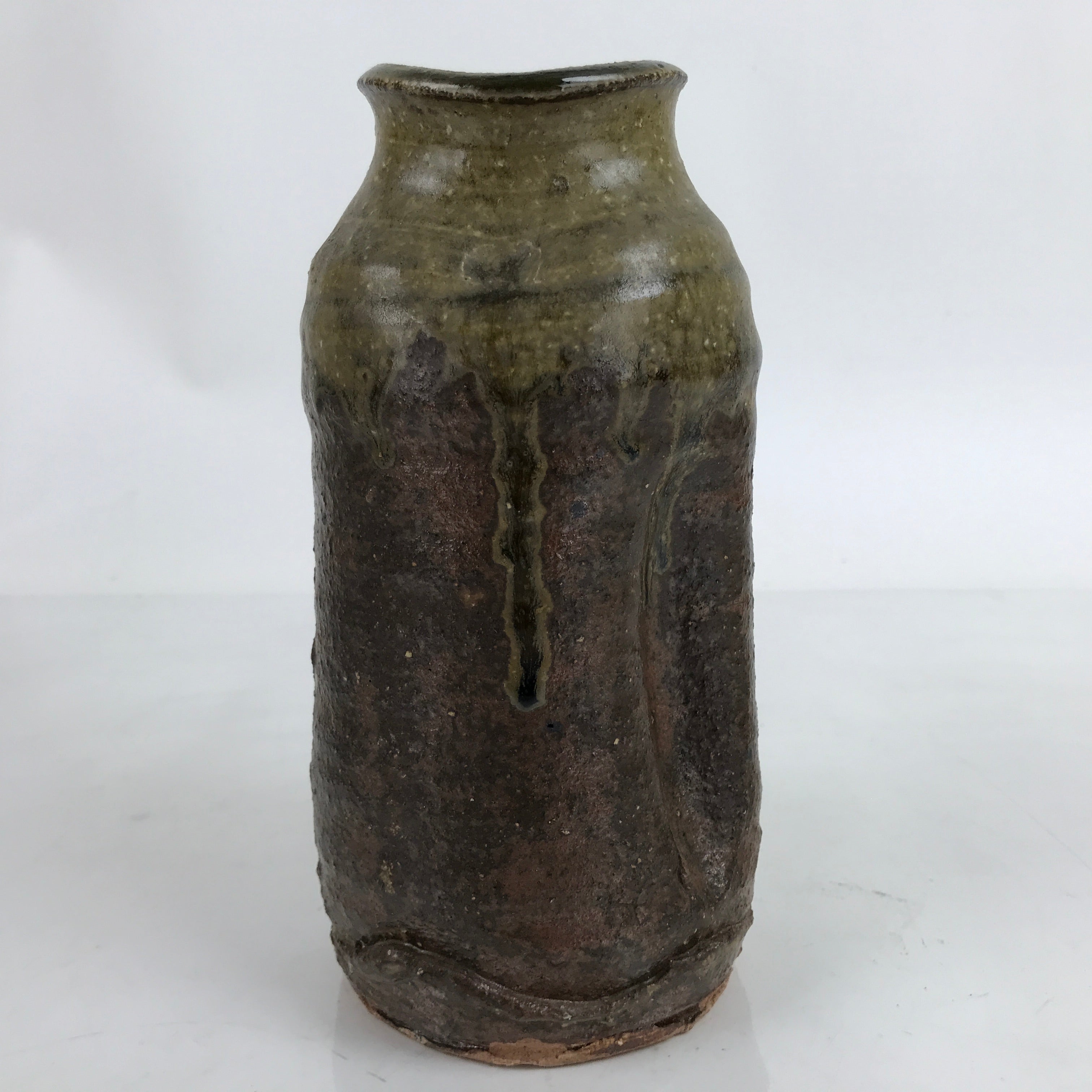 Japanese Ceramic Flower Vase Vtg Ikebana Pottery Kabin Brown Unique Shape FK134