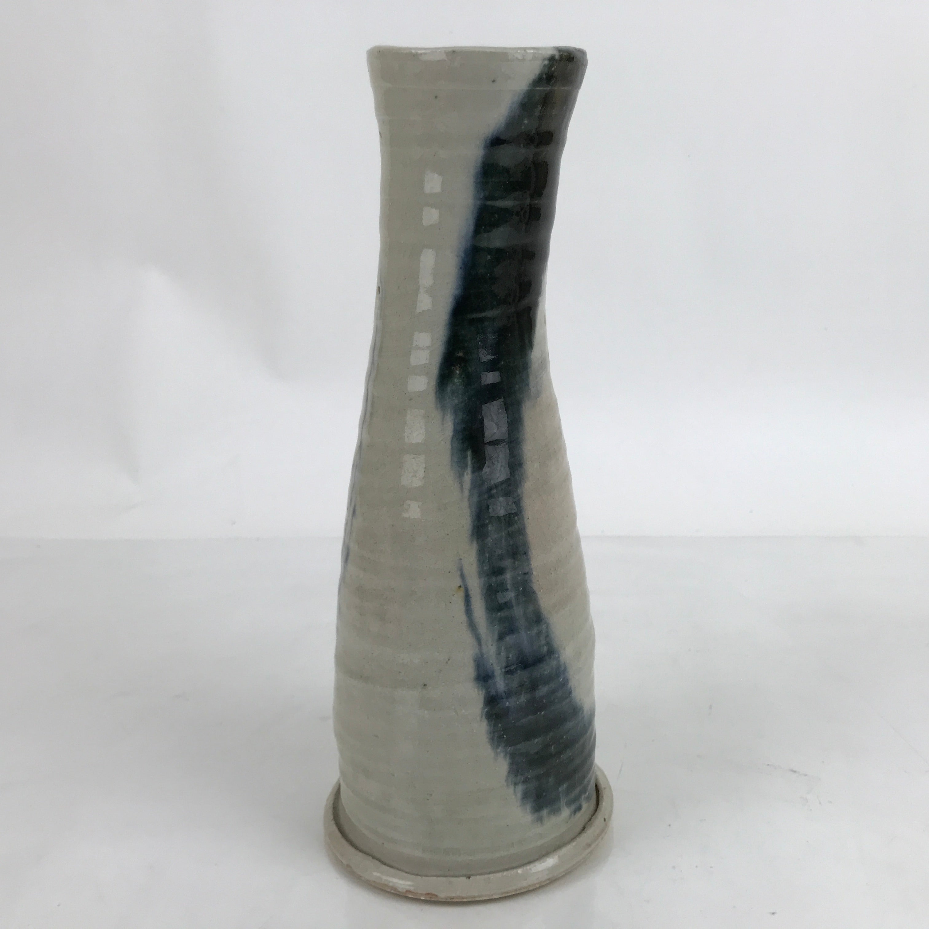 Japanese Ceramic Flower Vase Vtg Ikebana Tall Pottery Kabin Gray Dark Blue FK120