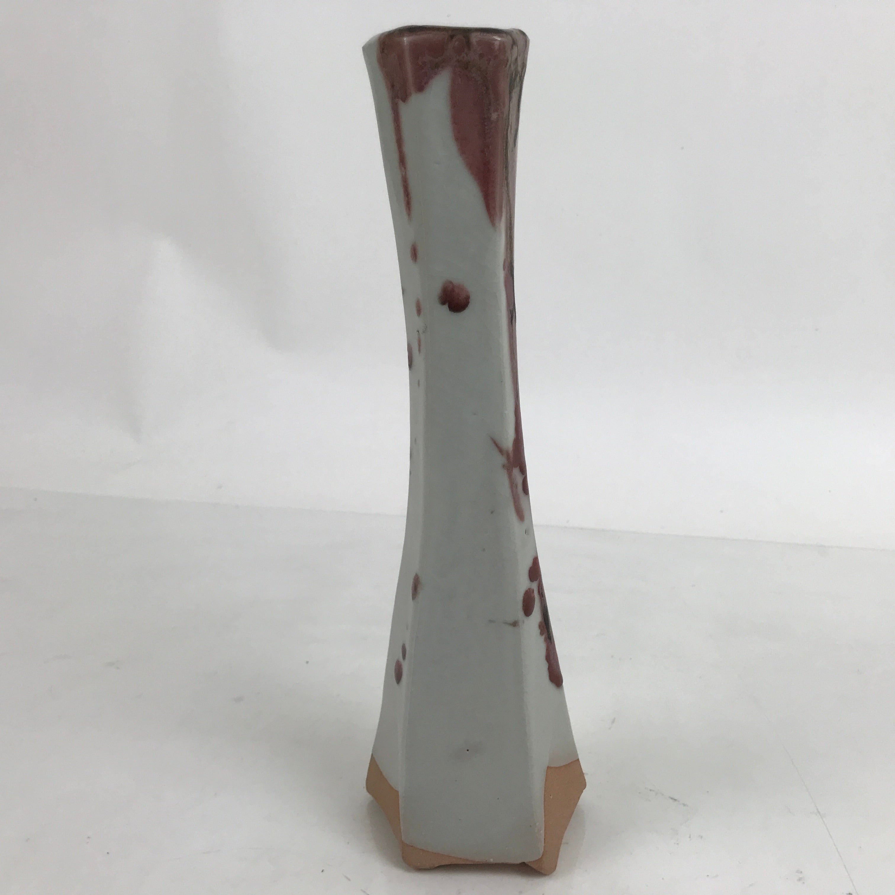 Japanese Ceramic Flower Vase Vtg Ikebana Tall Pottery Kabin Gray Red Spots FK121