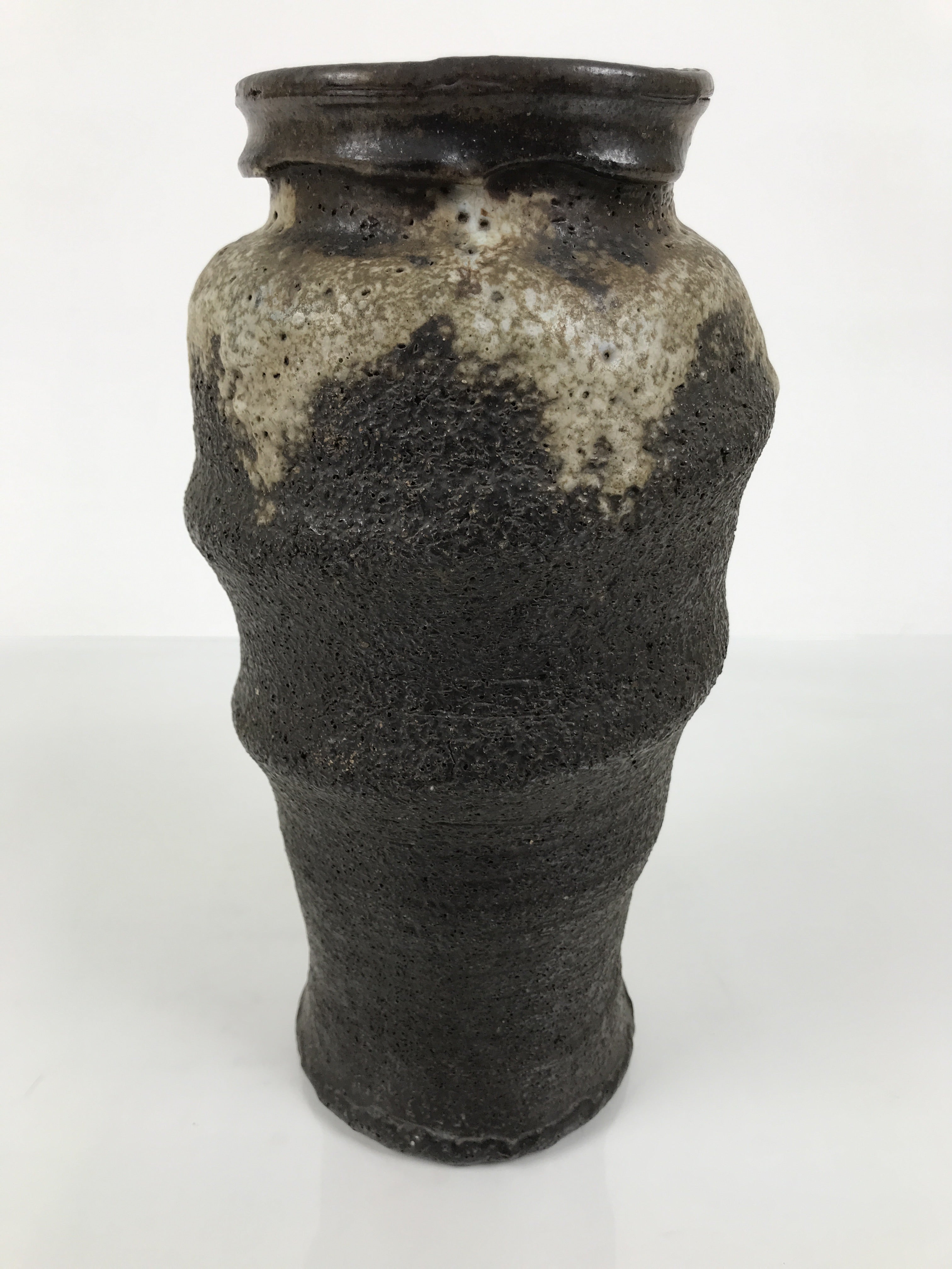 Japanese Ceramic Flower Vase Vtg Kabin Brown Charcoal Ash Glaze Unduration FK224