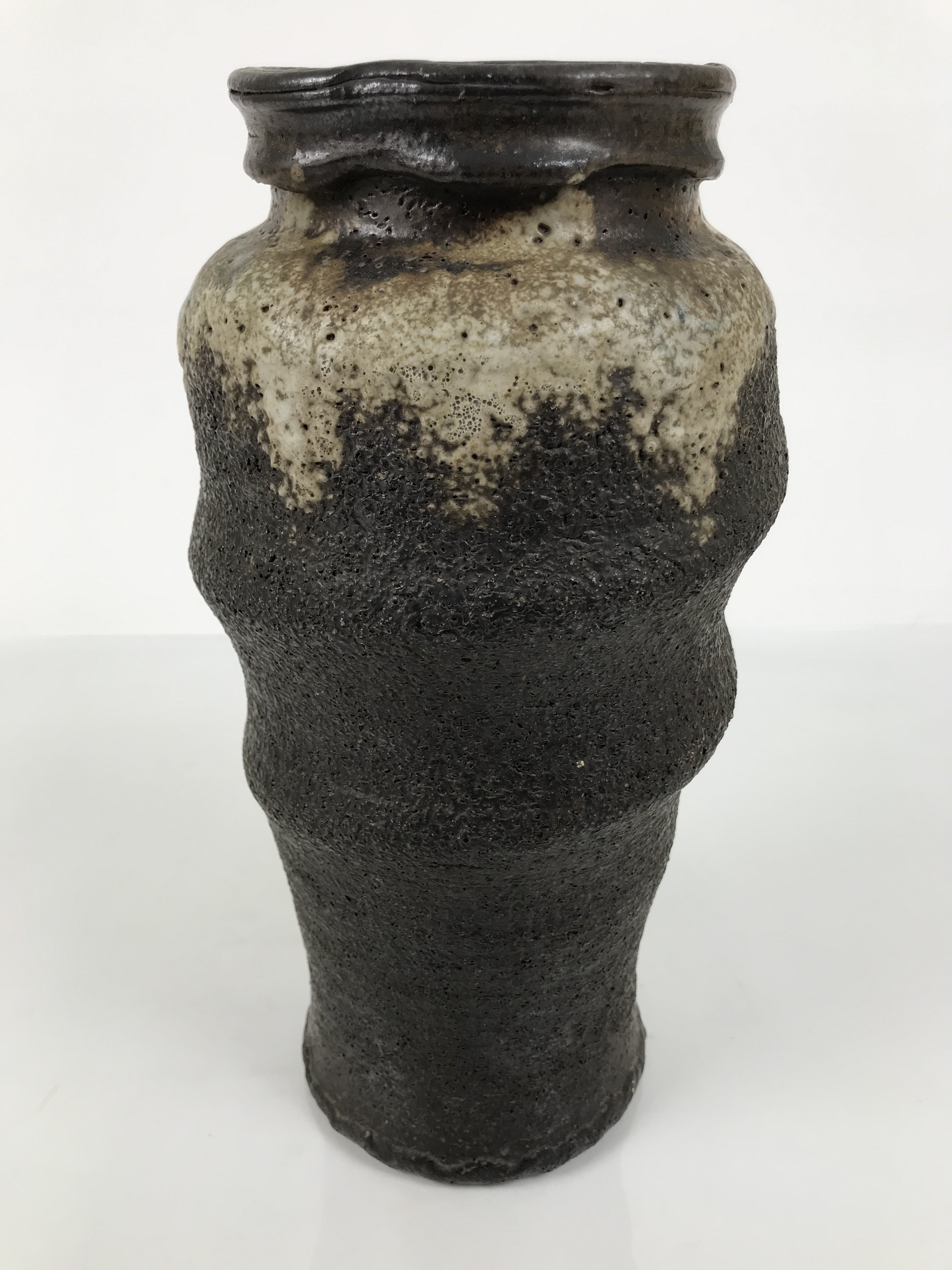 Japanese Ceramic Flower Vase Vtg Kabin Brown Charcoal Ash Glaze Unduration FK224