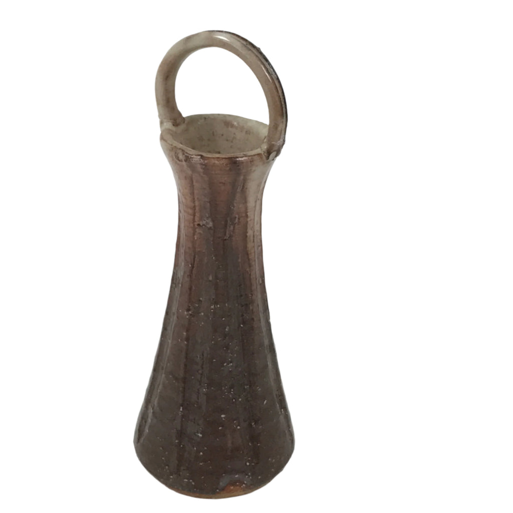 Japanese Ceramic Flower Vase Vtg Kabin Brown Handle Textured Beige Single FK200