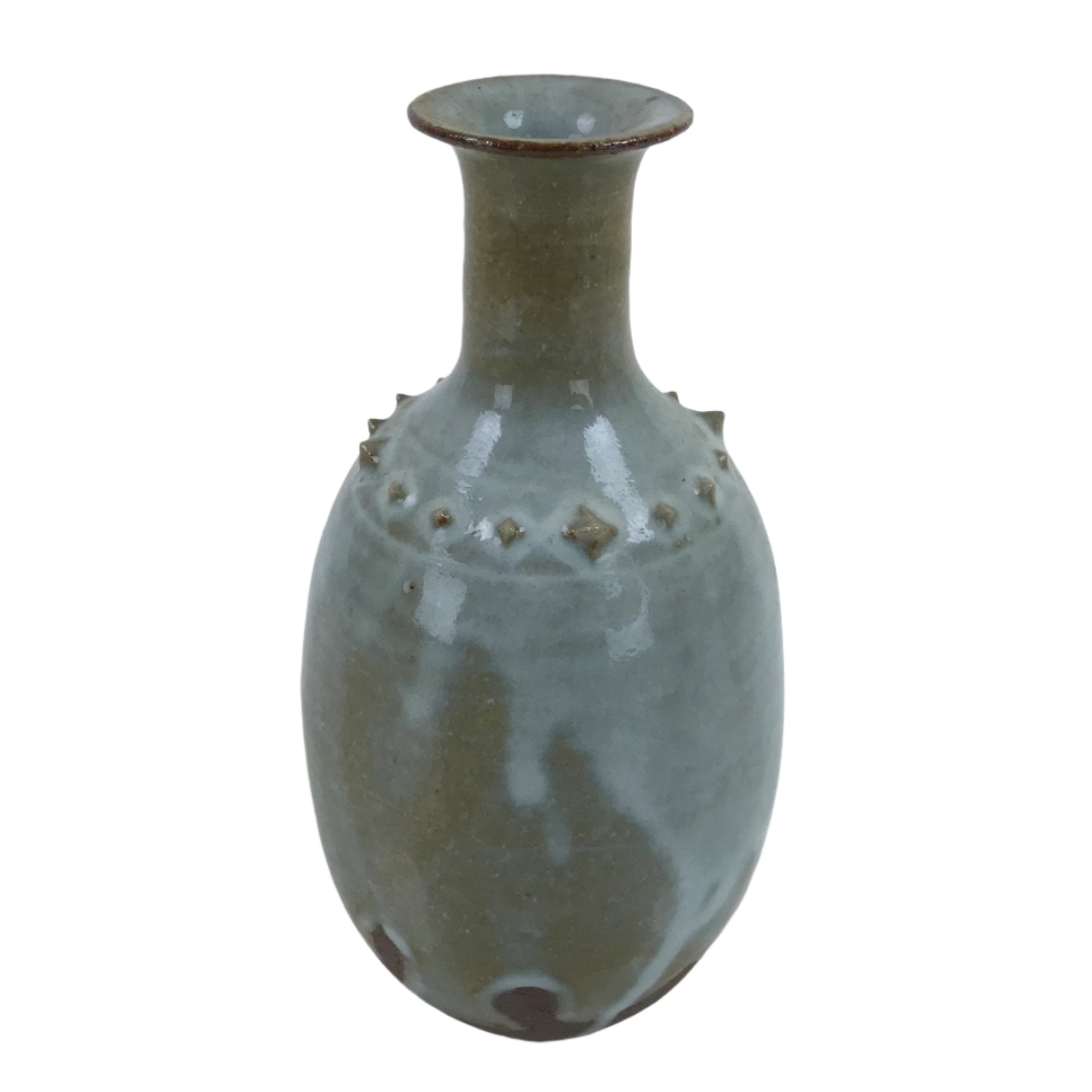 Japanese Ceramic Flower Vase Vtg Kabin Crane Neck Glass Glaze Green FK151