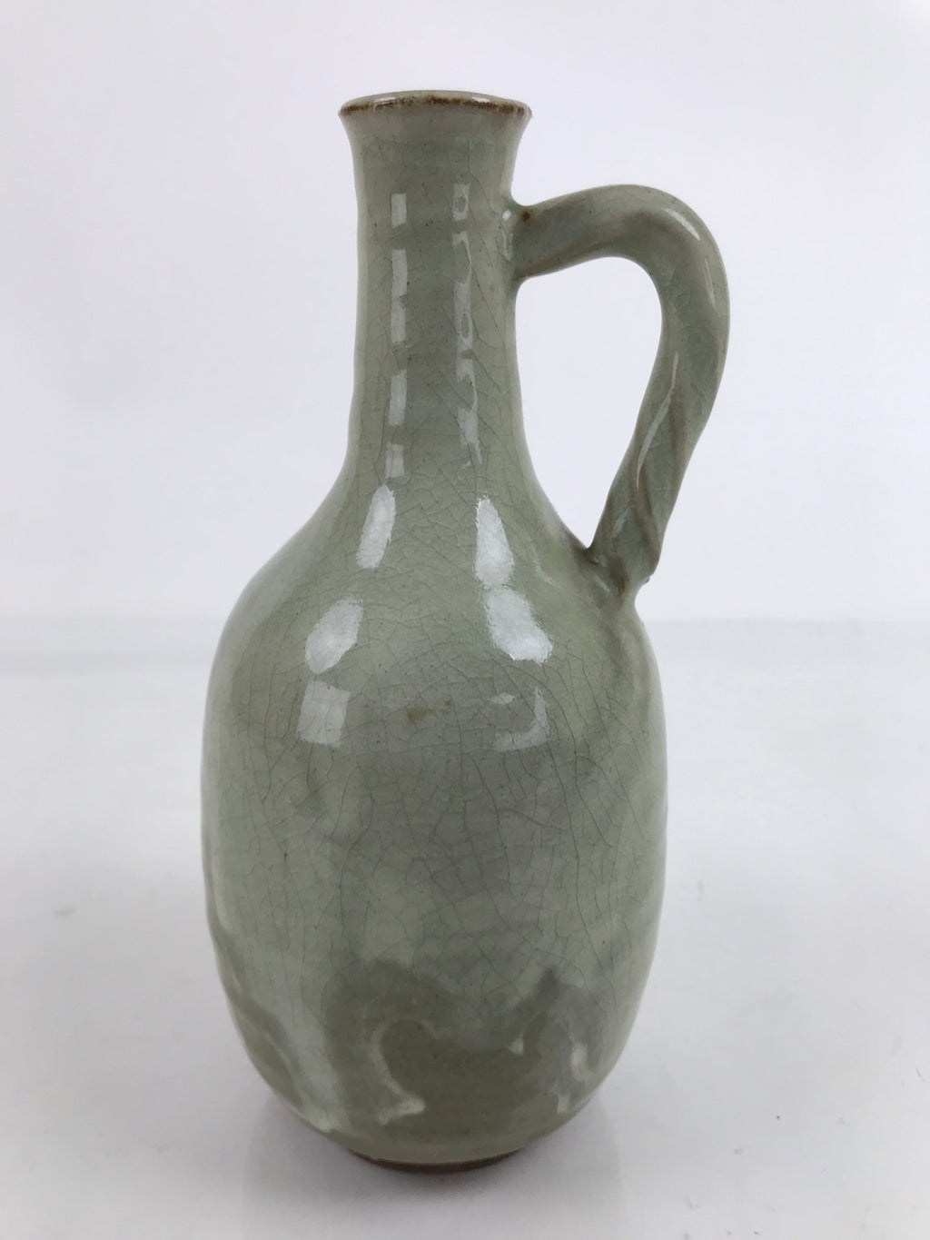 Japanese Ceramic Flower Vase Vtg Kabin Glass Cracke Glaze Green FK150