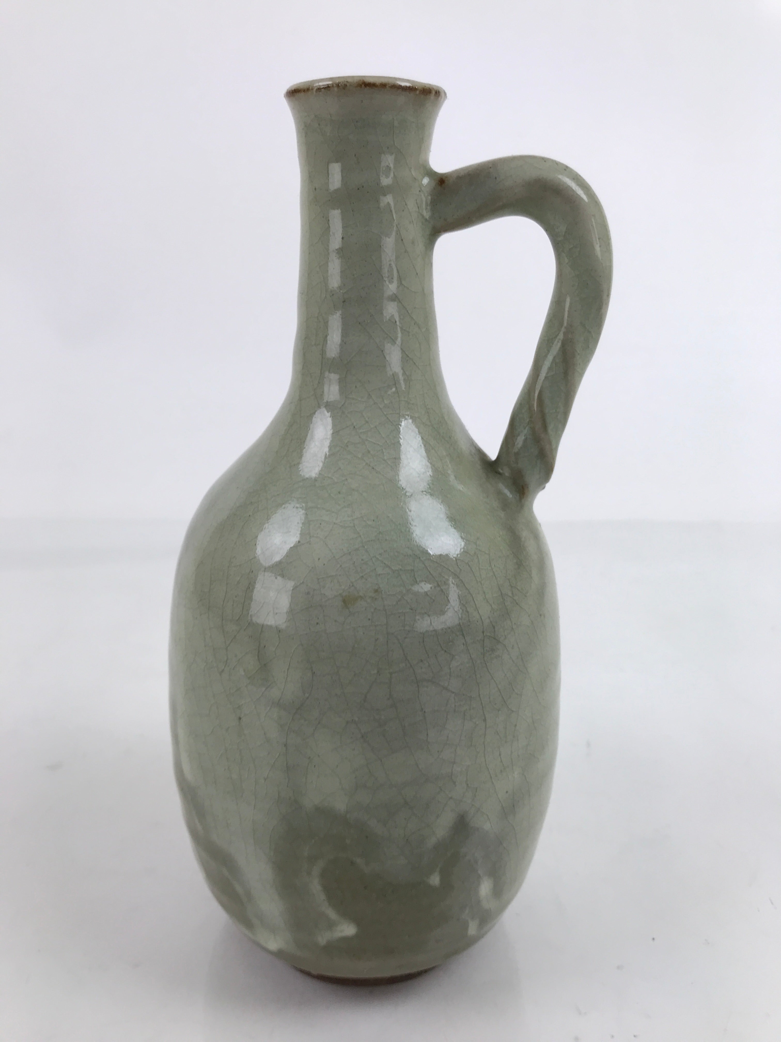 Japanese Ceramic Flower Vase Vtg Kabin Glass Cracke Glaze Green FK150