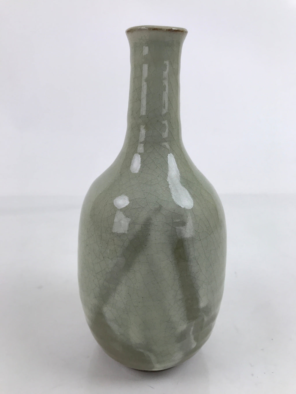Japanese Ceramic Flower Vase Vtg Kabin Glass Cracke Glaze Green FK150