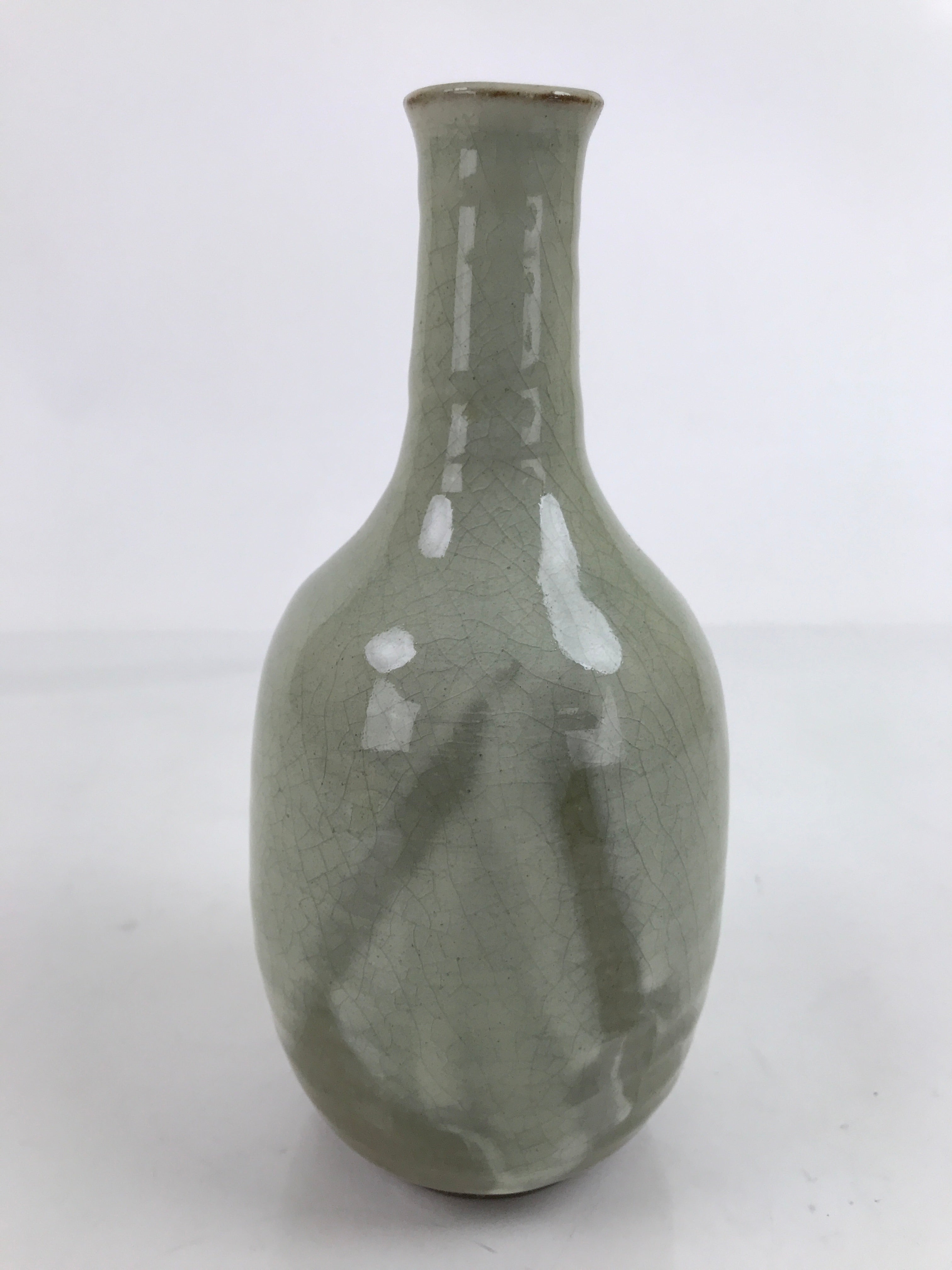 Japanese Ceramic Flower Vase Vtg Kabin Glass Cracke Glaze Green FK150