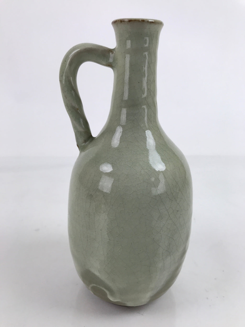 Japanese Ceramic Flower Vase Vtg Kabin Glass Cracke Glaze Green FK150