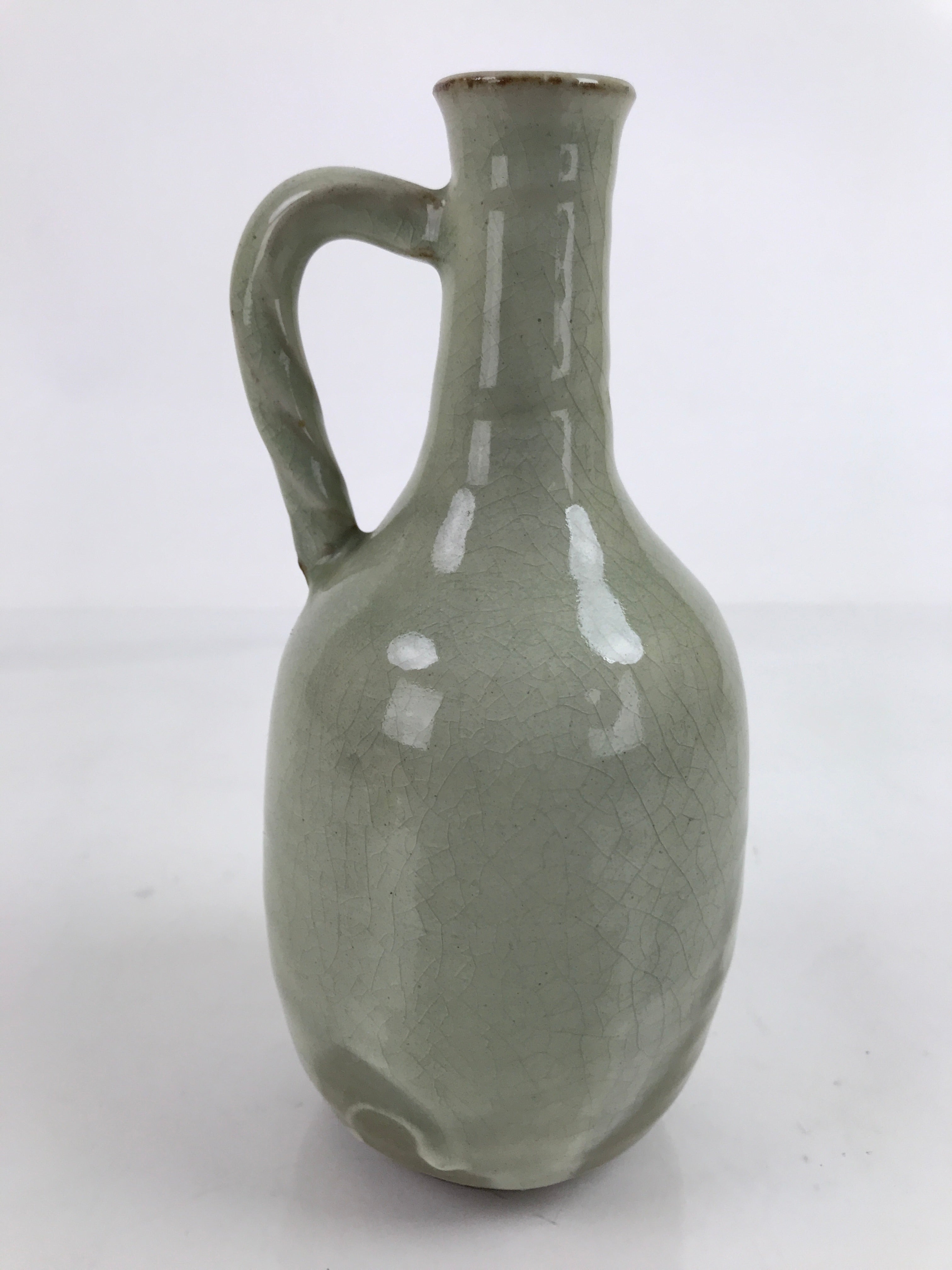 Japanese Ceramic Flower Vase Vtg Kabin Glass Cracke Glaze Green FK150