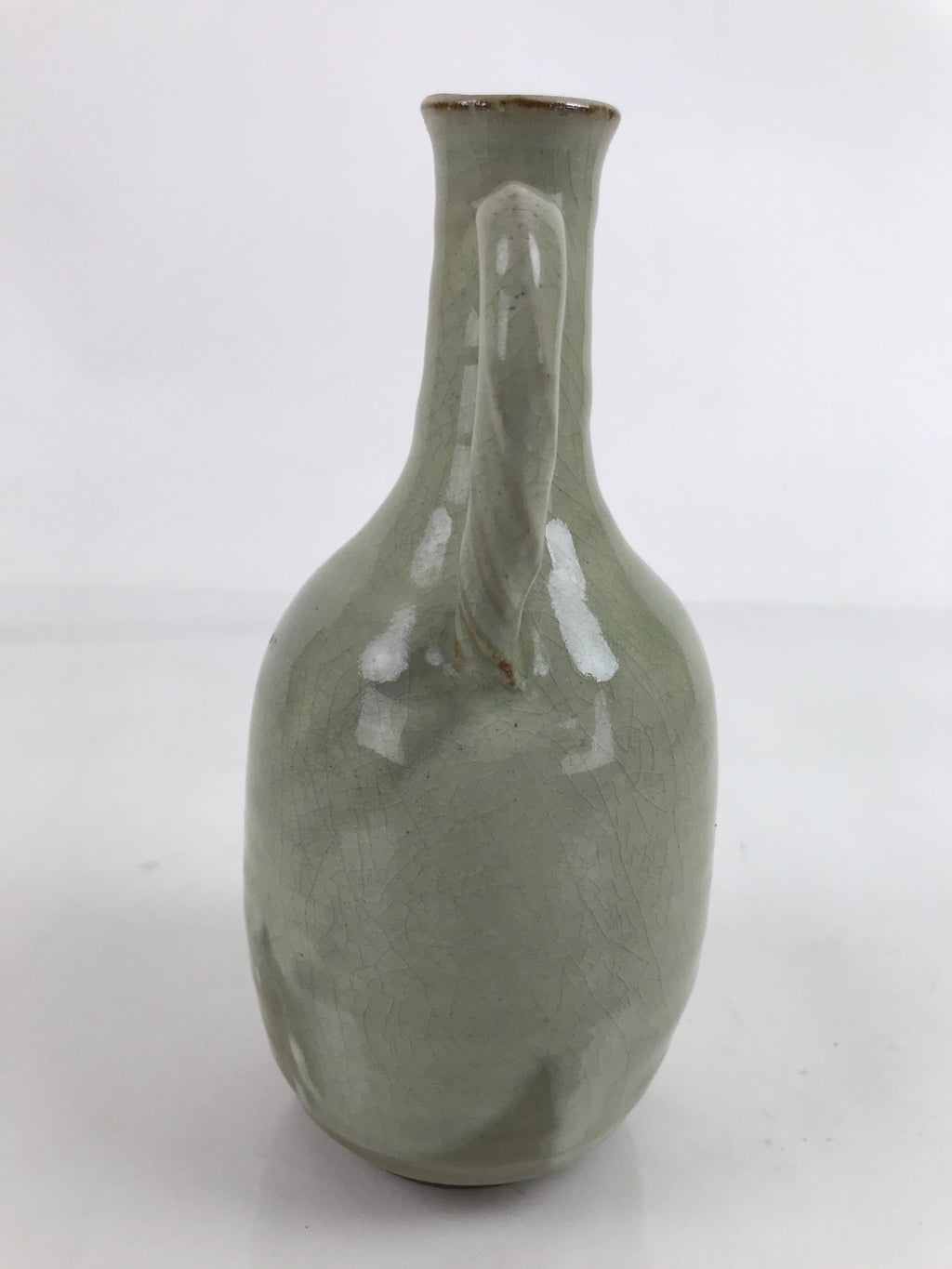 Japanese Ceramic Flower Vase Vtg Kabin Glass Cracke Glaze Green FK150