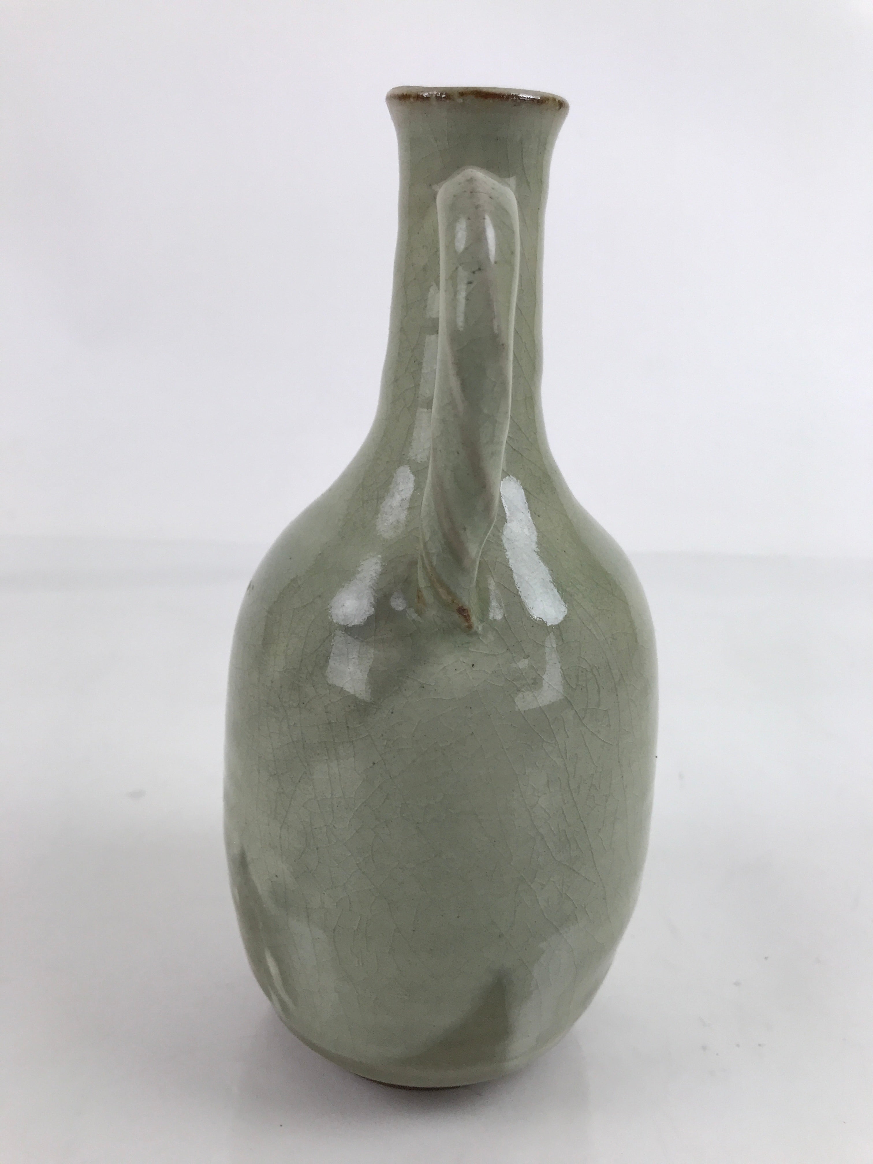 Japanese Ceramic Flower Vase Vtg Kabin Glass Cracke Glaze Green FK150