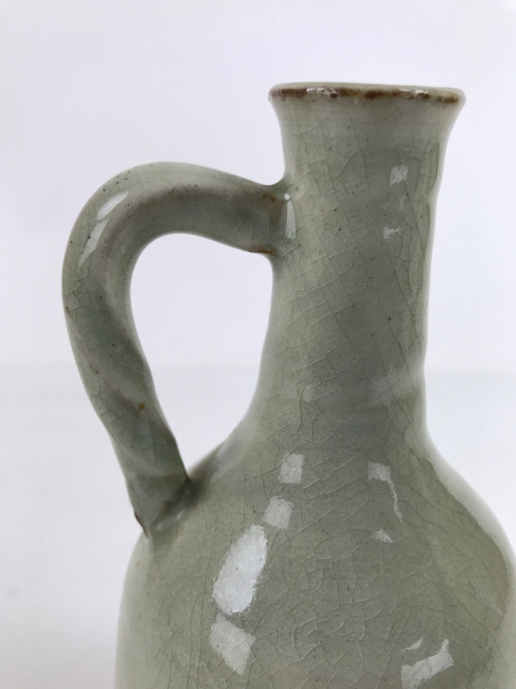 Japanese Ceramic Flower Vase Vtg Kabin Glass Cracke Glaze Green FK150