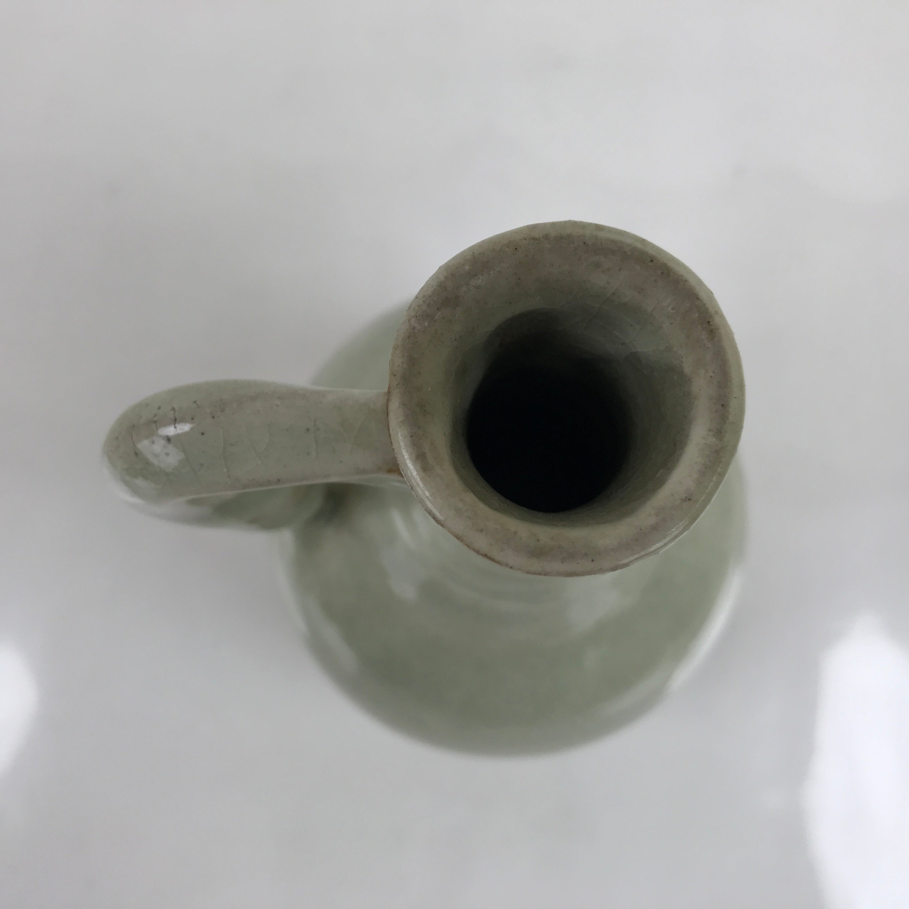 Japanese Ceramic Flower Vase Vtg Kabin Glass Cracke Glaze Green FK150