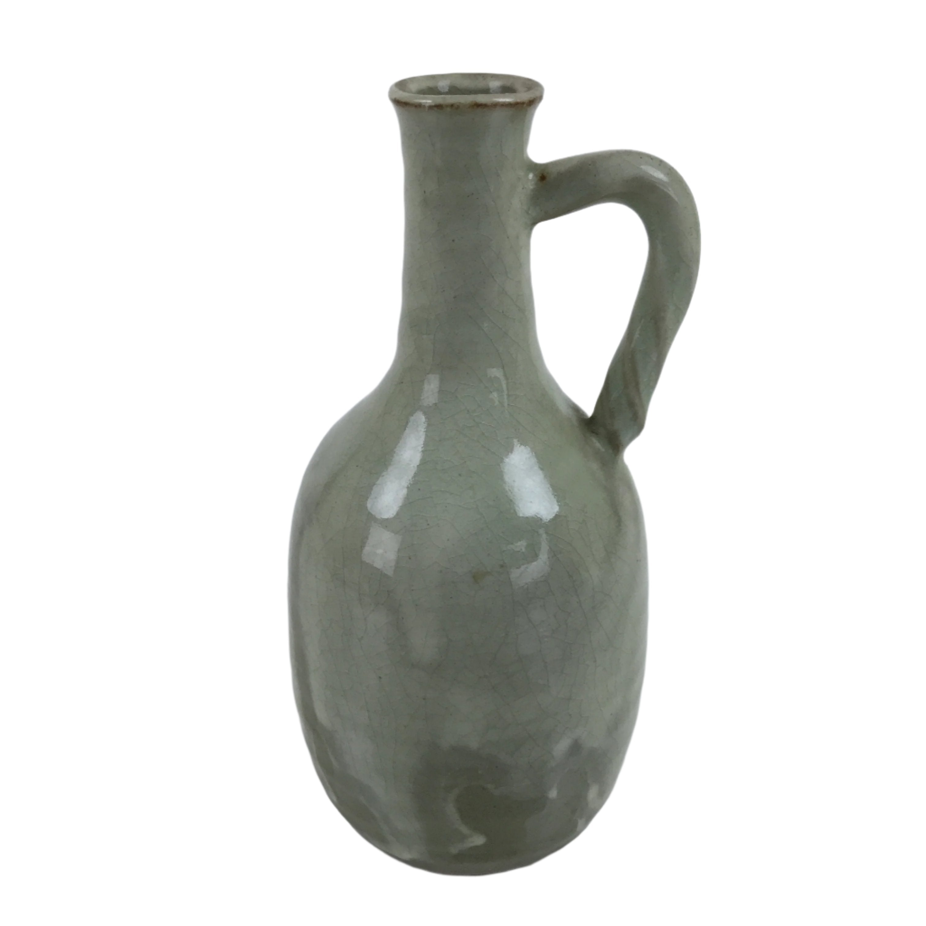 Japanese Ceramic Flower Vase Vtg Kabin Glass Cracke Glaze Green FK150