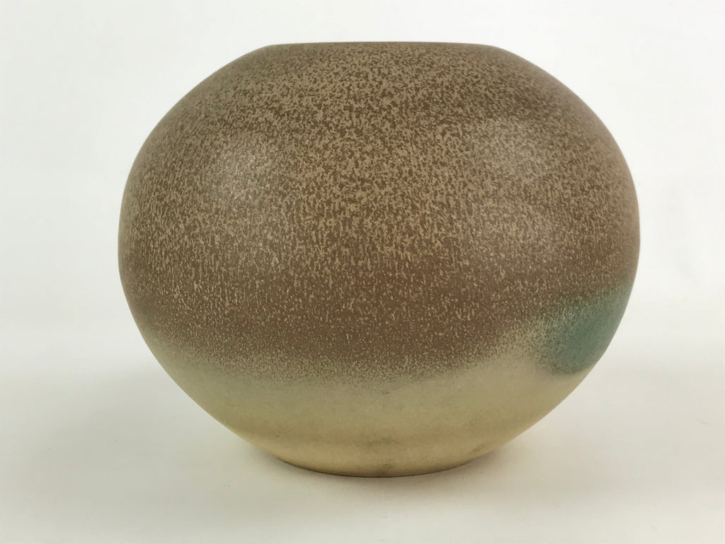 Japanese Ceramic Flower Vase Vtg Kabin Ikebana Round Beige Brown Green FK60