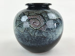 Japanese Ceramic Flower Vase Vtg Kabin Ikebana Round Glossy Black Flower FK51