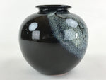 Japanese Ceramic Flower Vase Vtg Kabin Ikebana Round Glossy Black Flower FK51