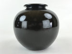 Japanese Ceramic Flower Vase Vtg Kabin Ikebana Round Glossy Black Flower FK51