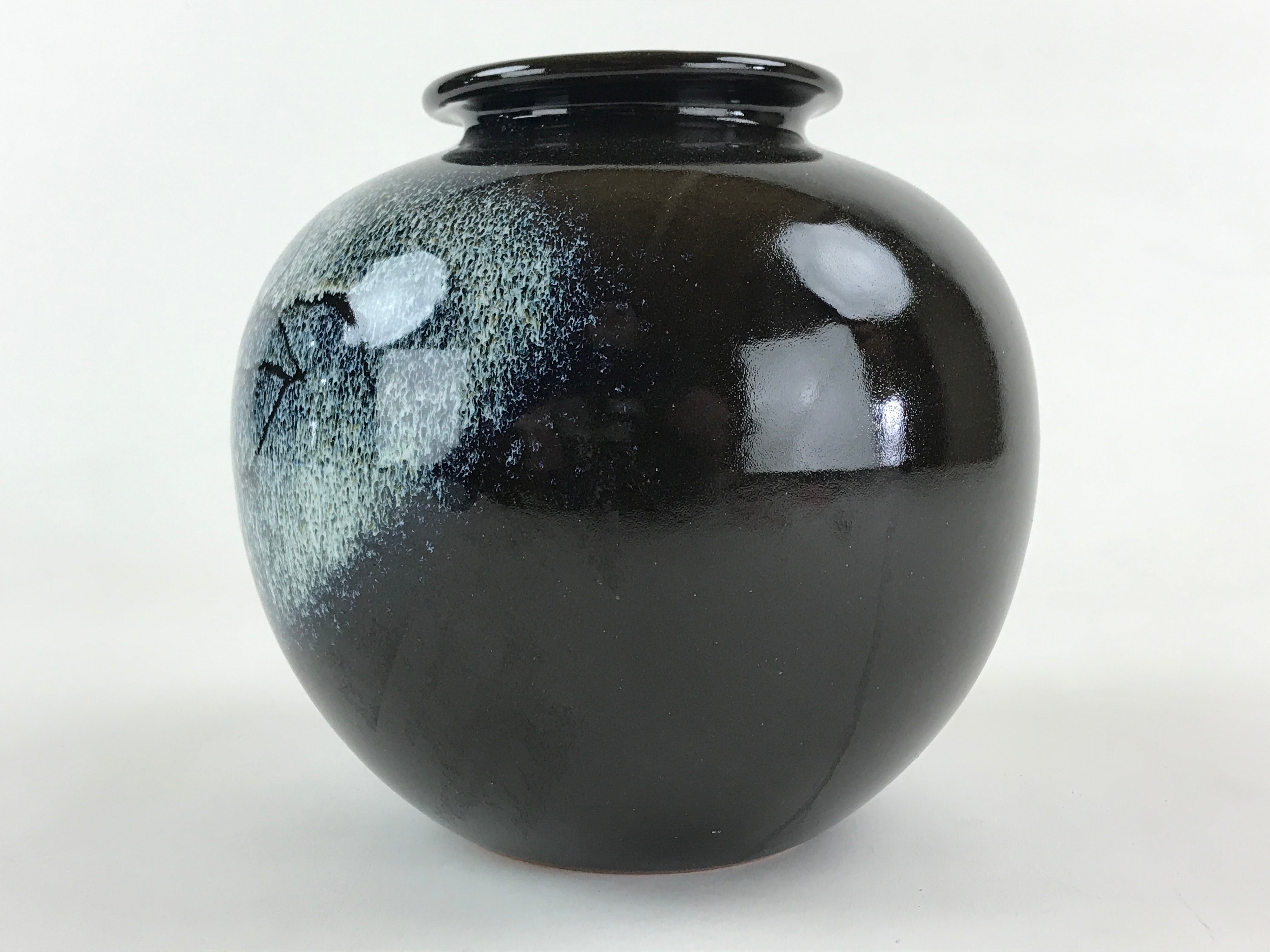 Japanese Ceramic Flower Vase Vtg Kabin Ikebana Round Glossy Black Flower FK51