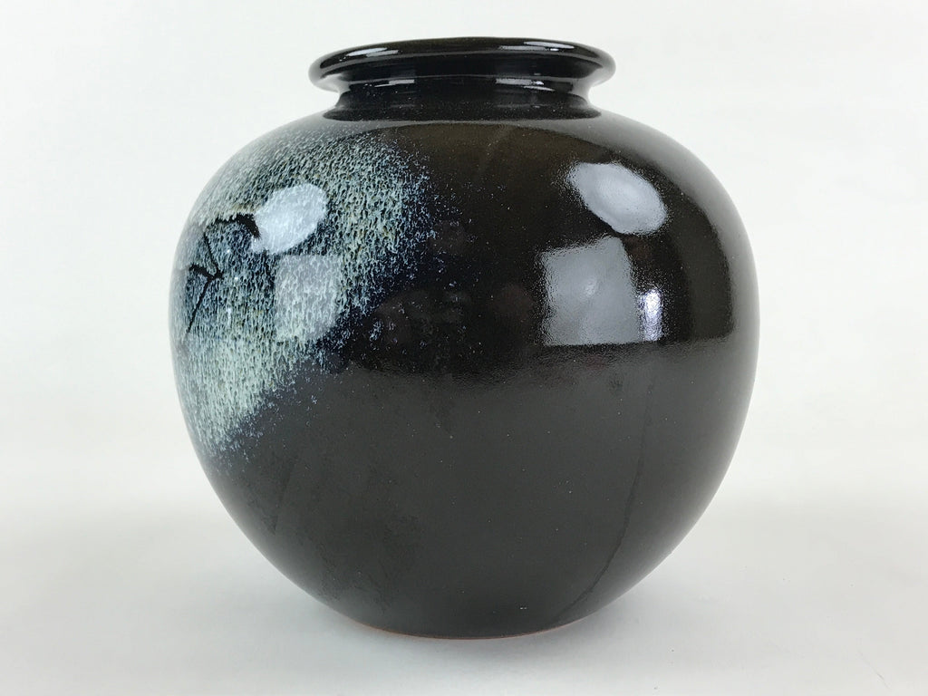 Japanese Ceramic Flower Vase Vtg Kabin Ikebana Round Glossy Black Flower FK51