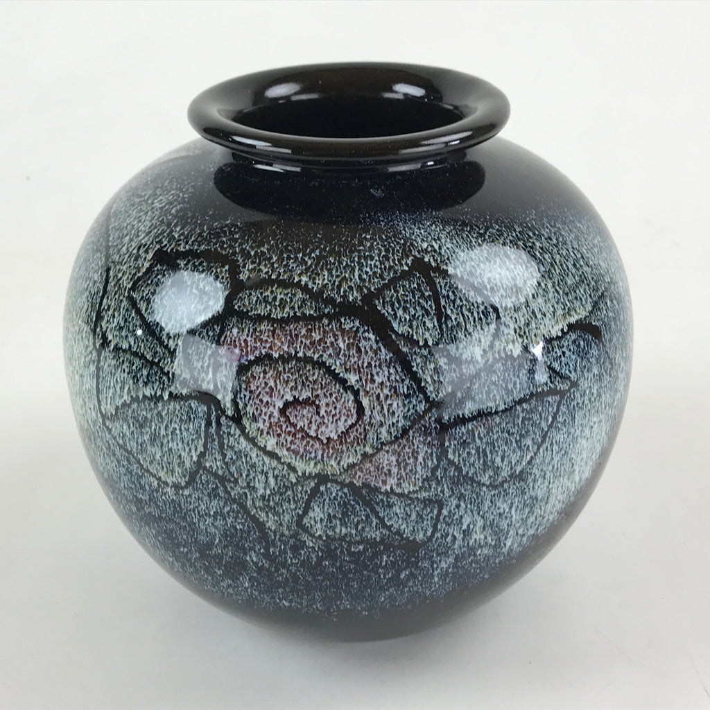 Japanese Ceramic Flower Vase Vtg Kabin Ikebana Round Glossy Black Flower FK51