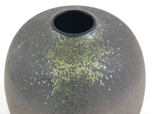 Japanese Ceramic Flower Vase Vtg Kabin Ikebana Round Grey Speckled Green FK57