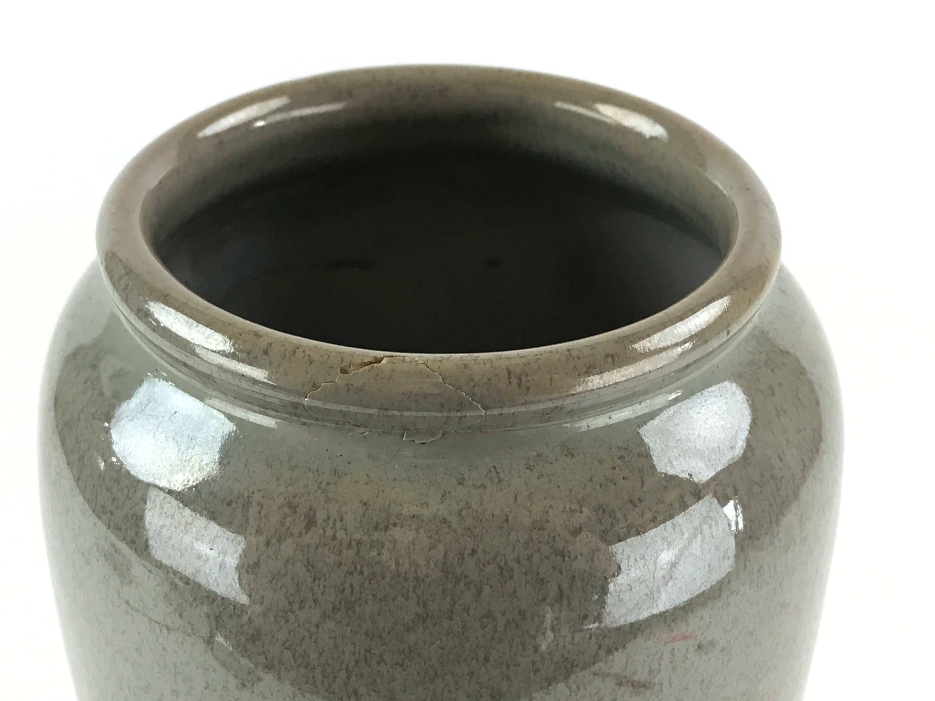 Japanese Ceramic Flower Vase Vtg Kabin Ikebana Tall Wide Opening Green FK52
