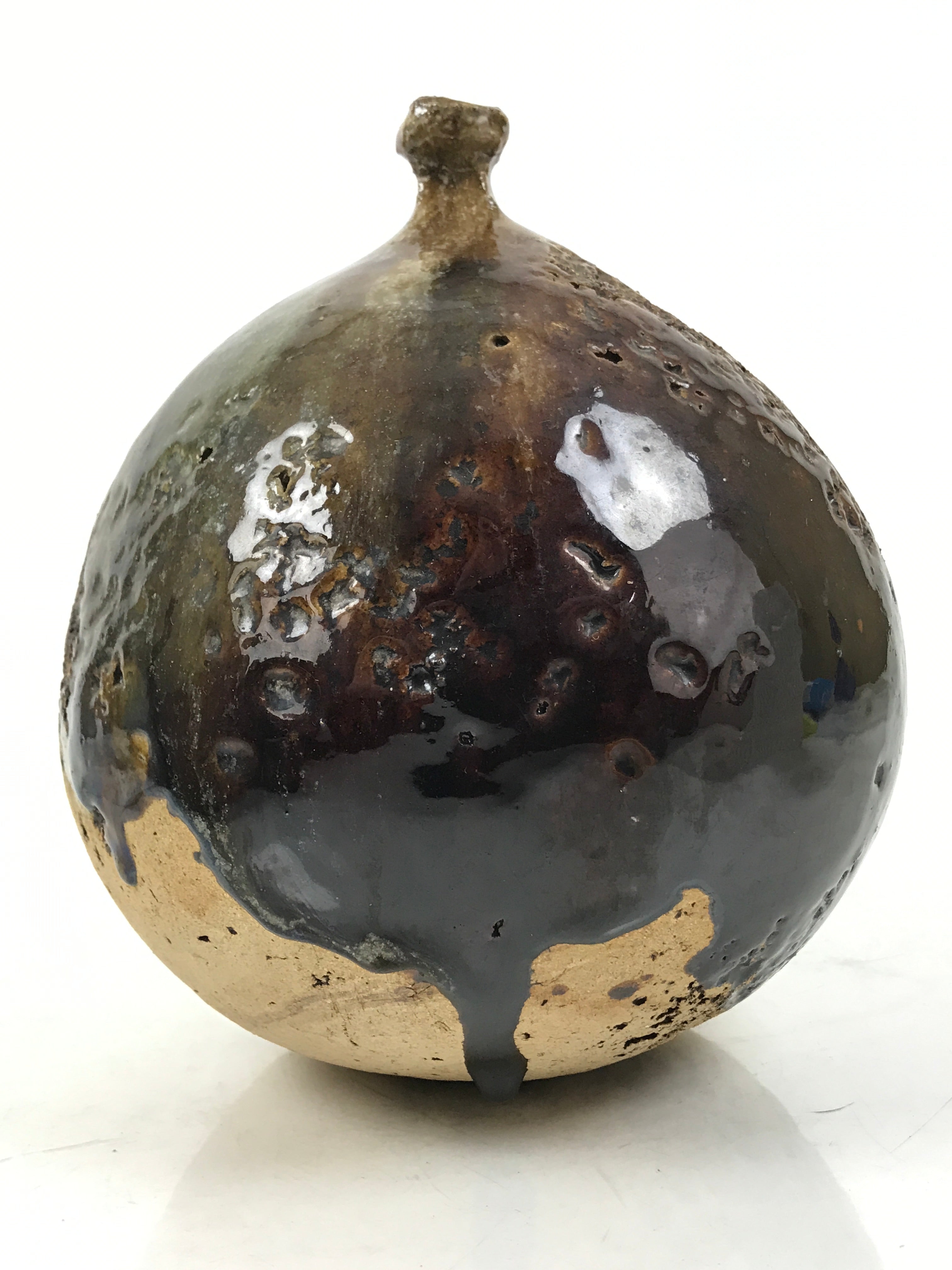 Japanese Ceramic Flower Vase Vtg Kabin Round Glass Melting Glaze Brown FK170