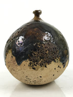Japanese Ceramic Flower Vase Vtg Kabin Round Glass Melting Glaze Brown FK170
