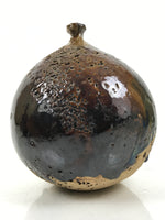 Japanese Ceramic Flower Vase Vtg Kabin Round Glass Melting Glaze Brown FK170