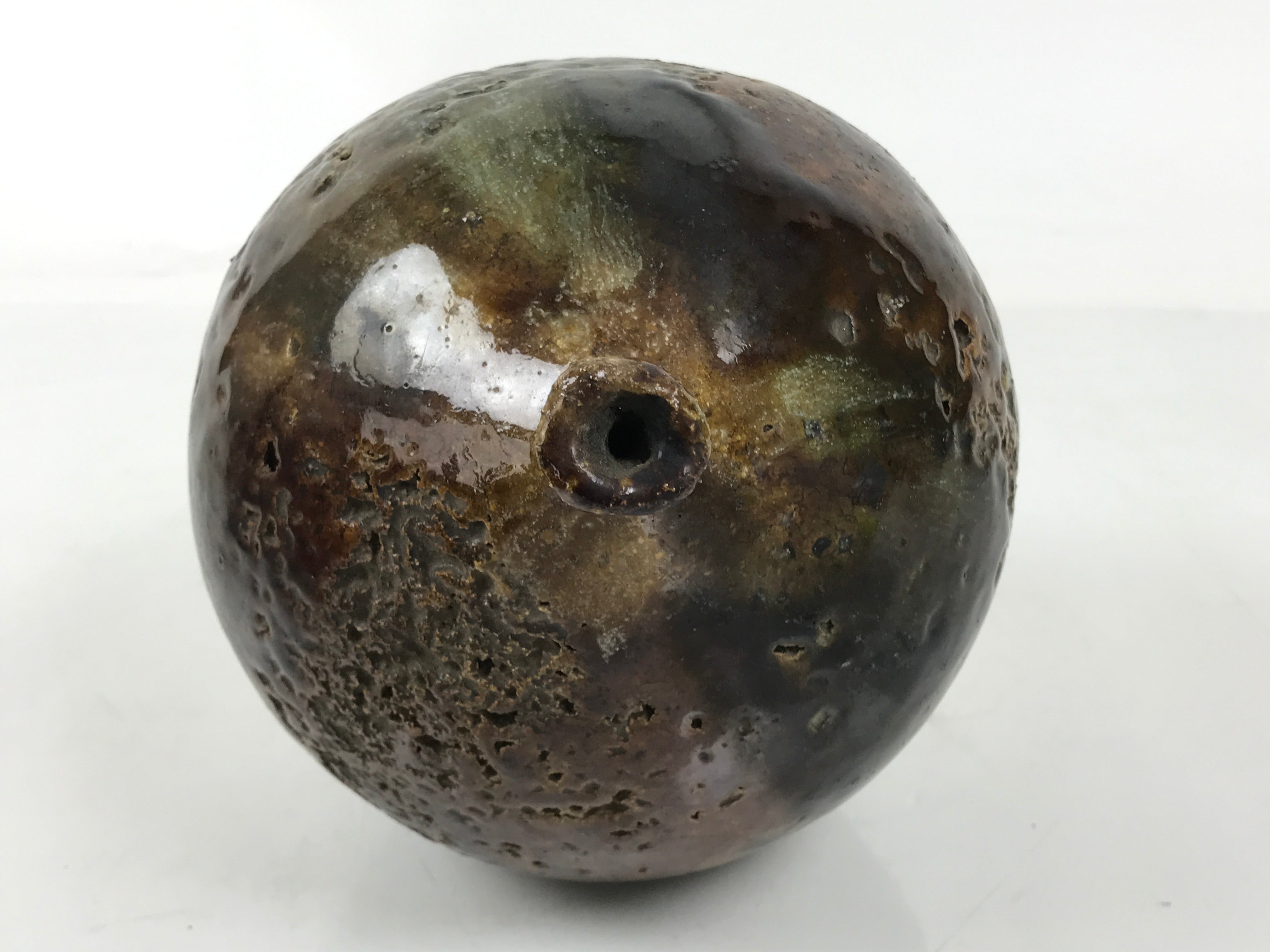 Japanese Ceramic Flower Vase Vtg Kabin Round Glass Melting Glaze Brown FK170