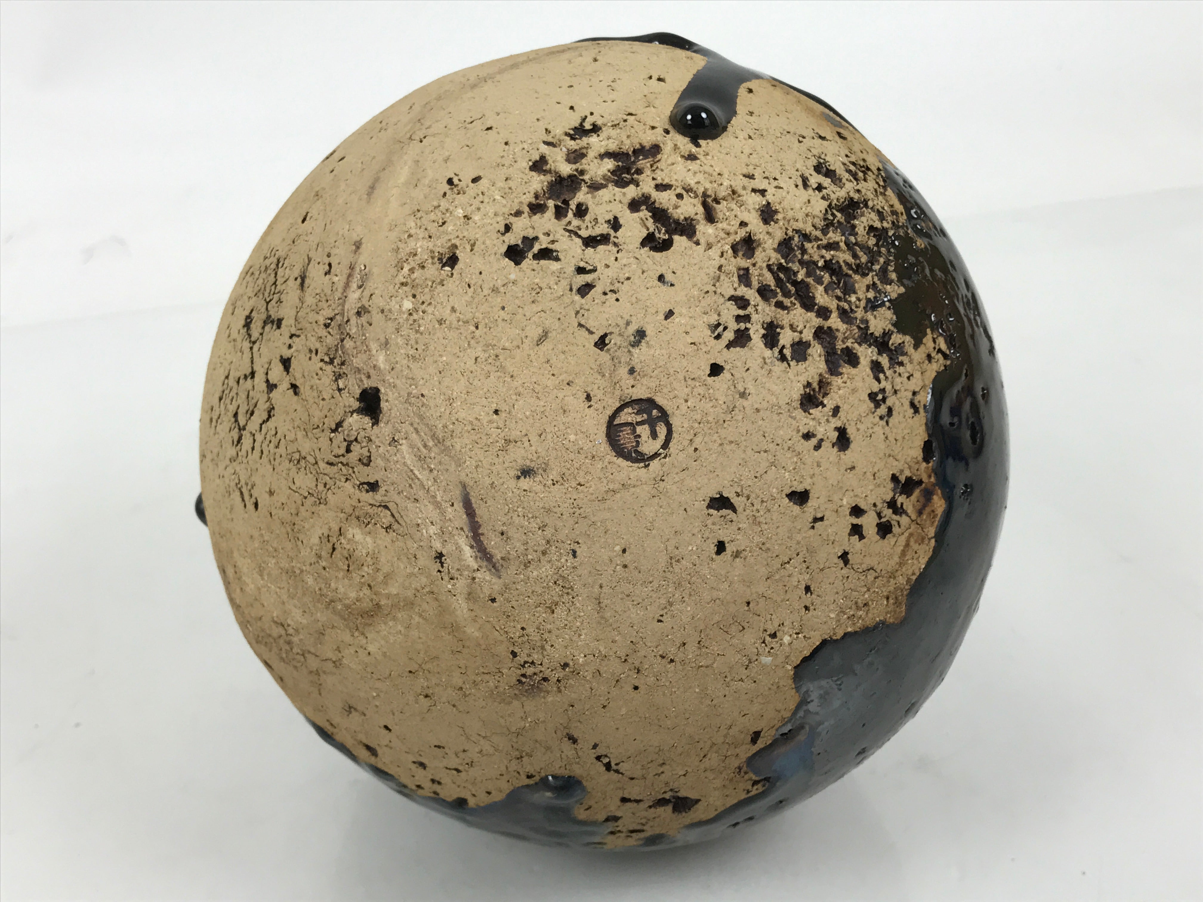 Japanese Ceramic Flower Vase Vtg Kabin Round Glass Melting Glaze Brown FK170