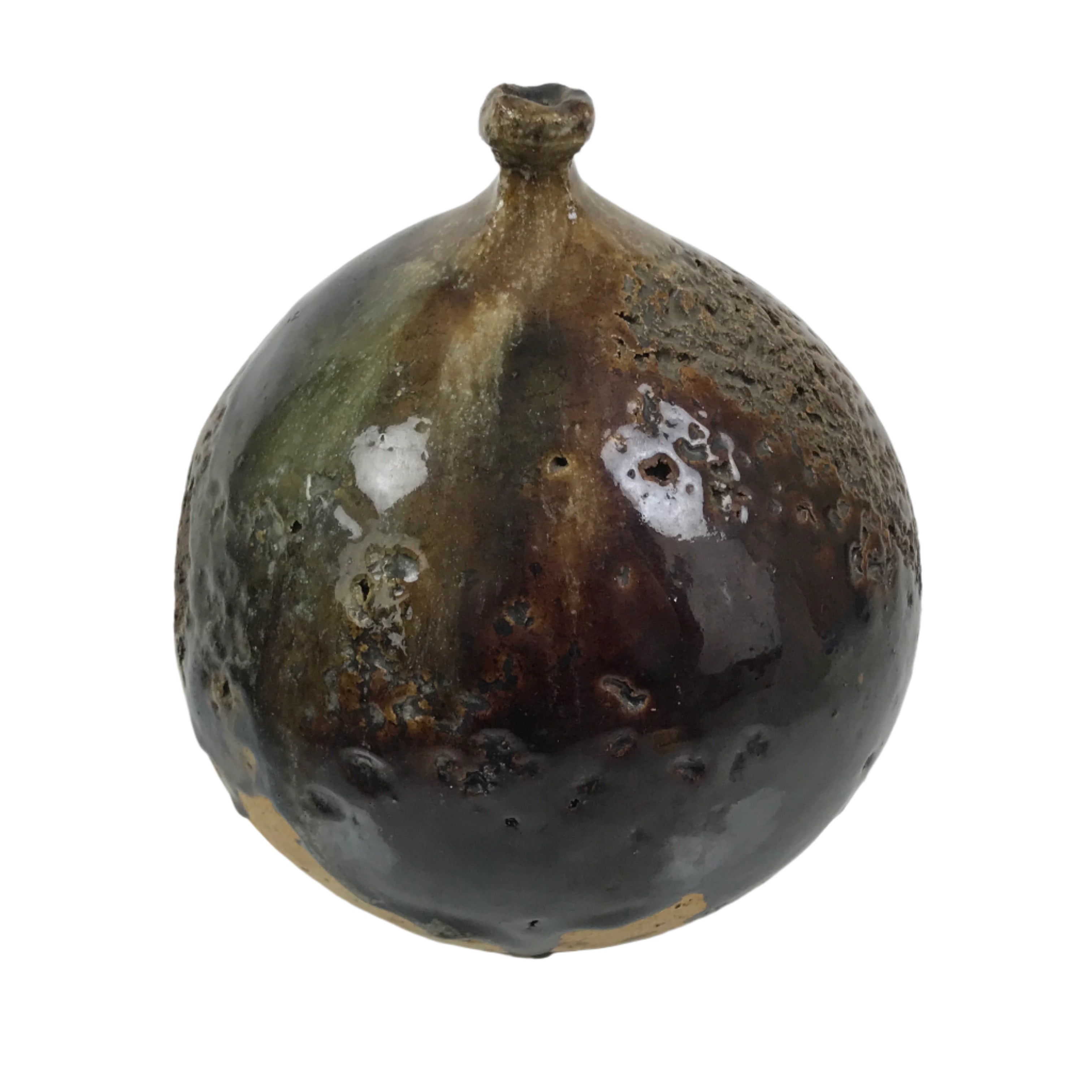 Japanese Ceramic Flower Vase Vtg Kabin Round Glass Melting Glaze Brown FK170