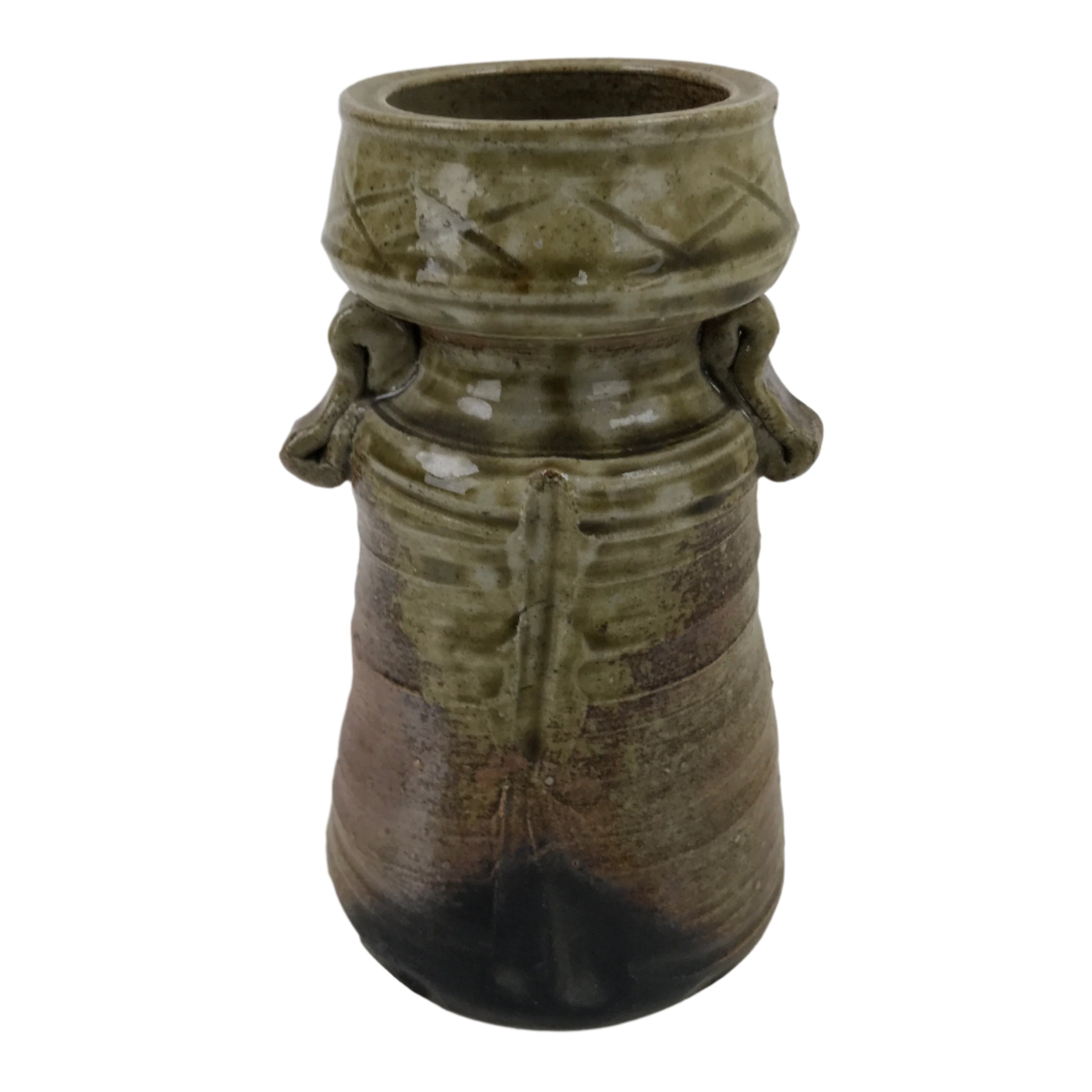 Japanese Ceramic Flower Vase Vtg Shigaraki ware Brown Green Kabin FK149