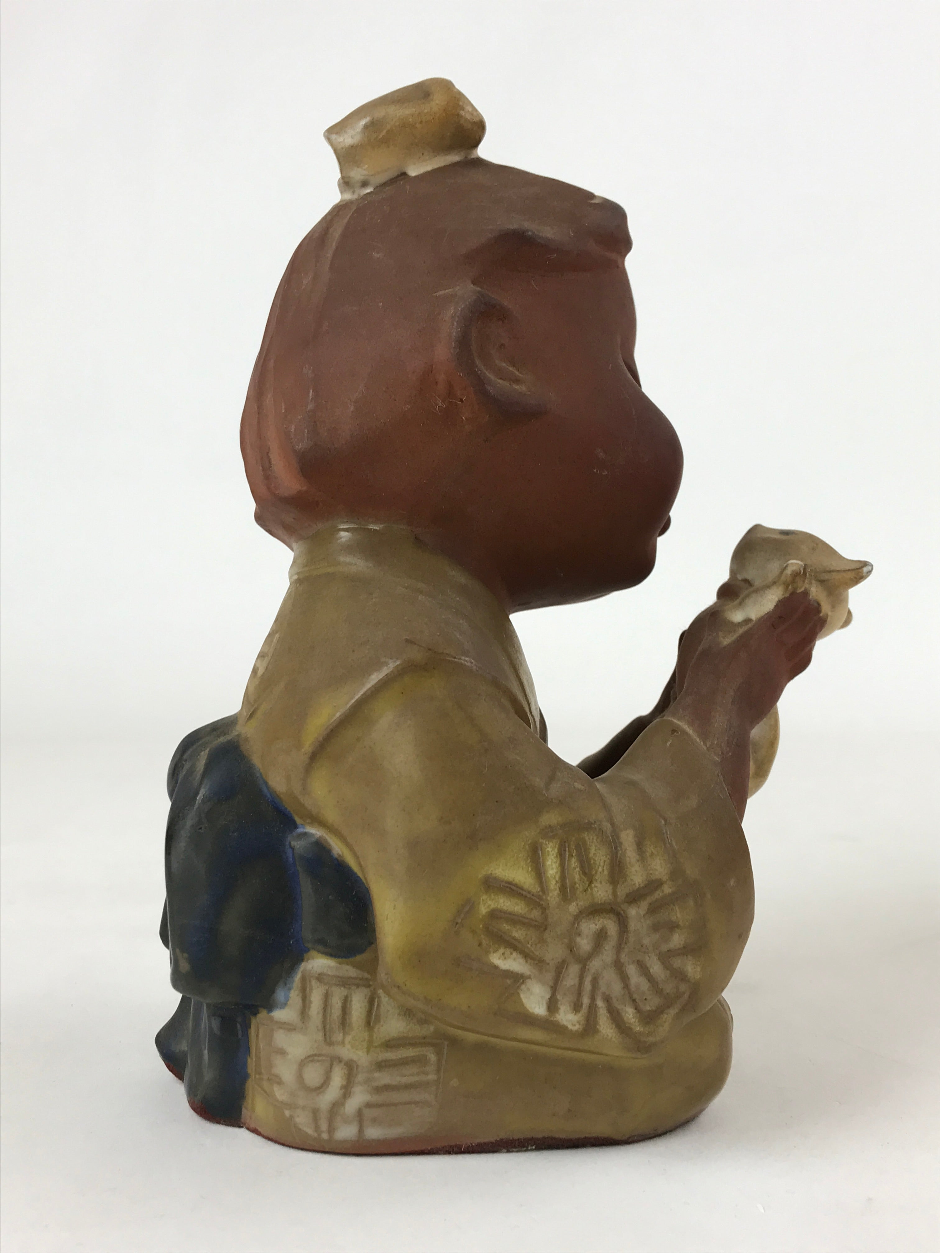 Japanese Ceramic Girl And Kitten Figure Vtg Yakimono Statue Kimono Brown BD953