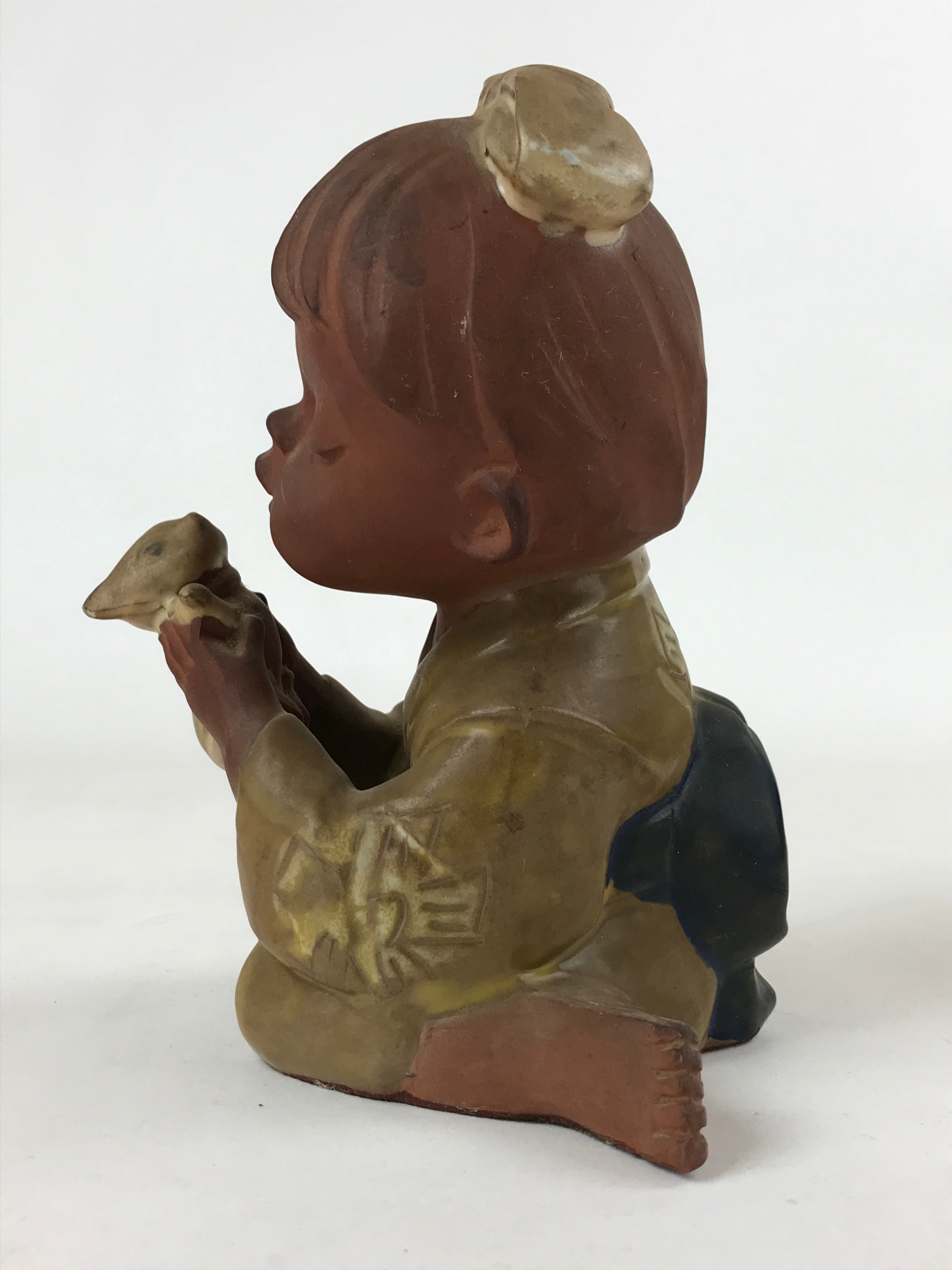Japanese Ceramic Girl And Kitten Figure Vtg Yakimono Statue Kimono Brown BD953