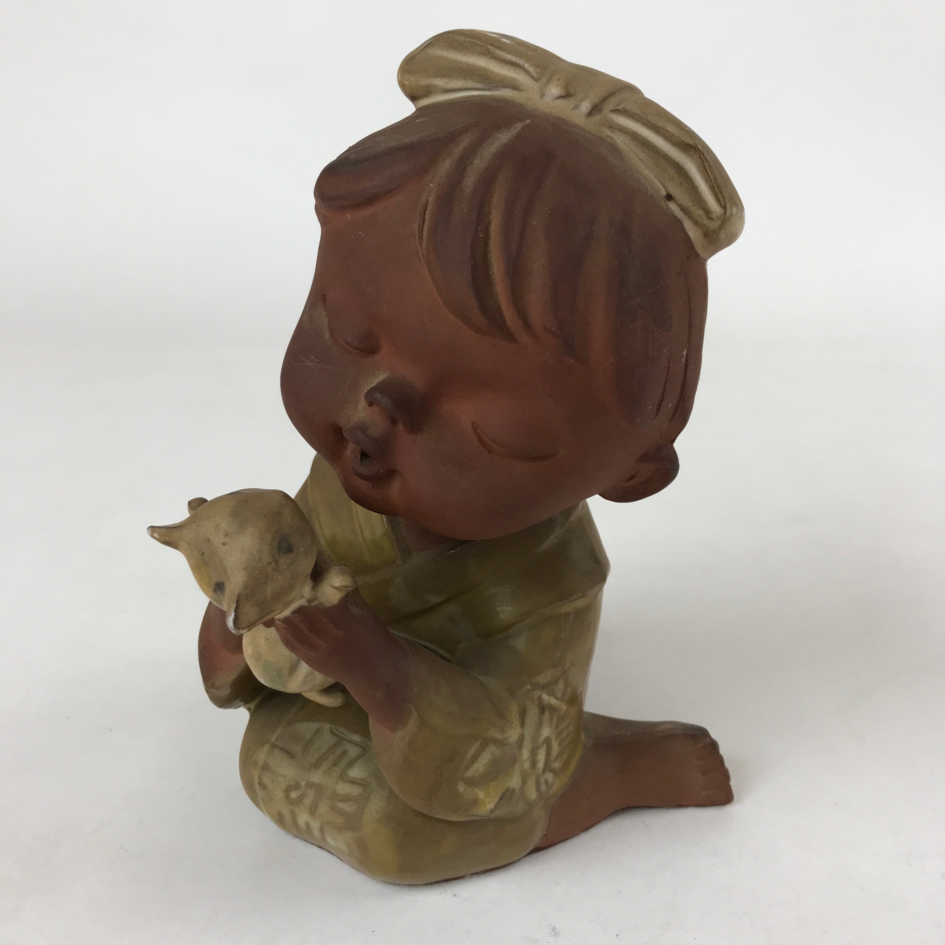 Japanese Ceramic Girl And Kitten Figure Vtg Yakimono Statue Kimono Brown BD953